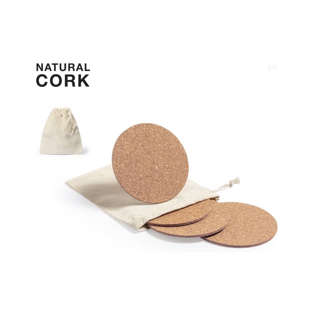 A set of natural cork coasters displayed next to a fabric pouch, showcasing their round shape and earthy texture. Yagger Coaster Set - Image 1