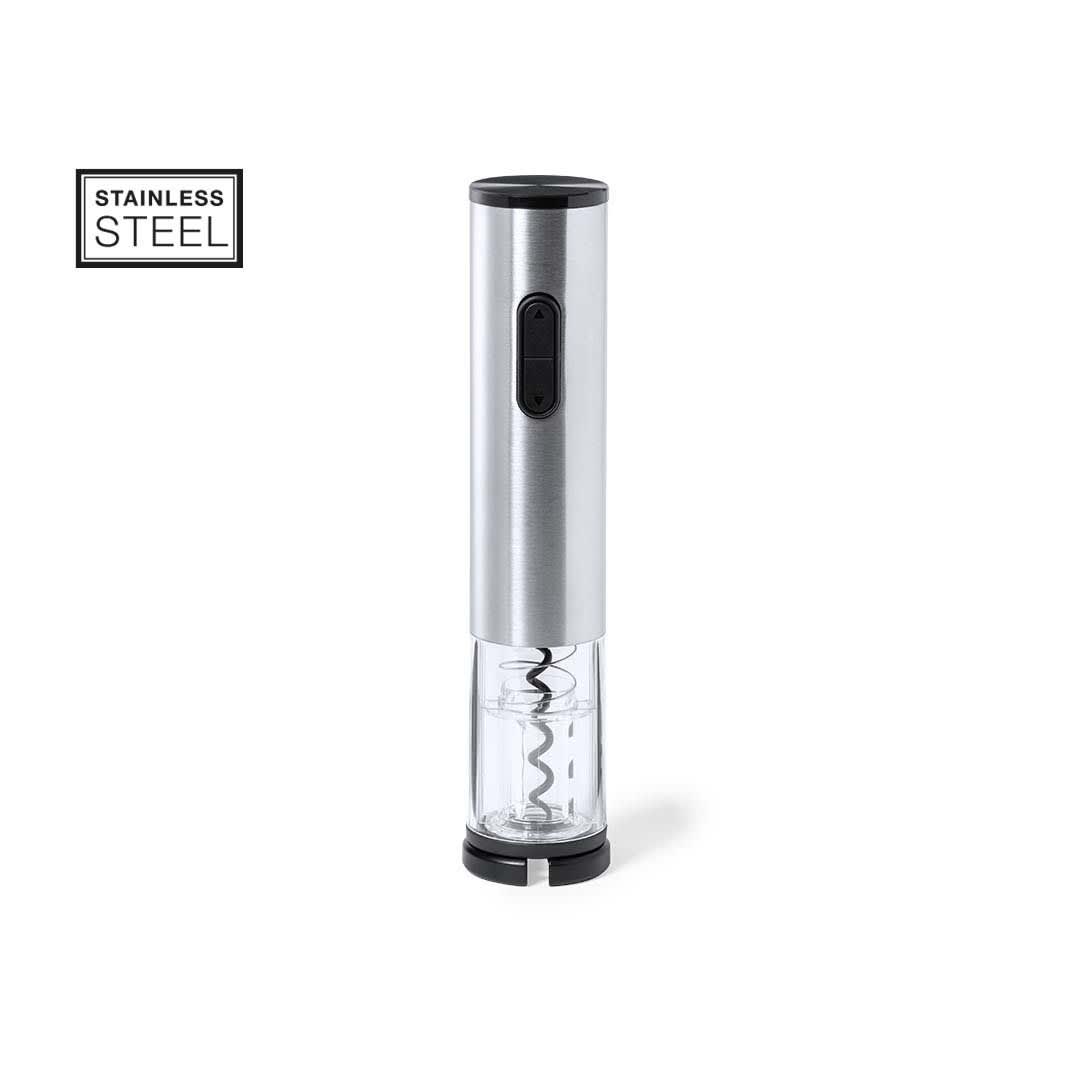 A stainless steel electric corkscrew with a transparent base and a button on the side. It has a sleek modern design. Deyong Electric Corkscrew - Image 1