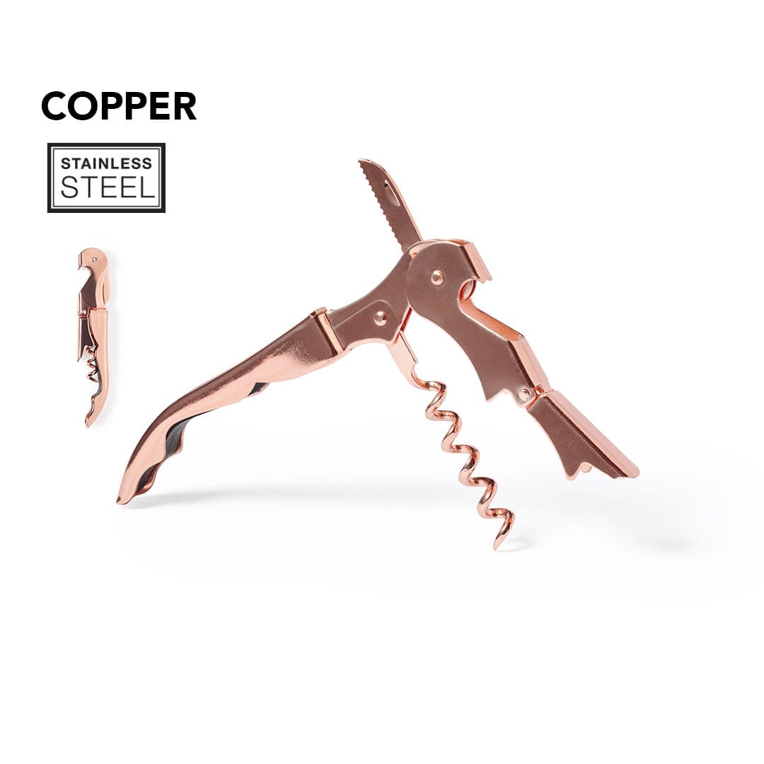 A copper corkscrew opener with stainless steel features and a logo, designed for home use. Noshy Corkscrew Opener - Image 1