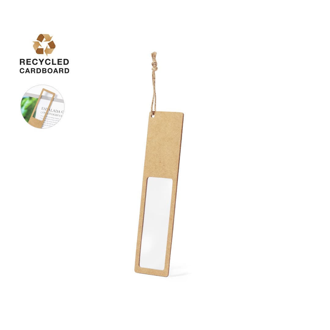 A minimalist magnifier bookmark in brown, made from recycled cardboard, featuring a clear magnifying section. Kigan Magnifier Bookmark - Image 1