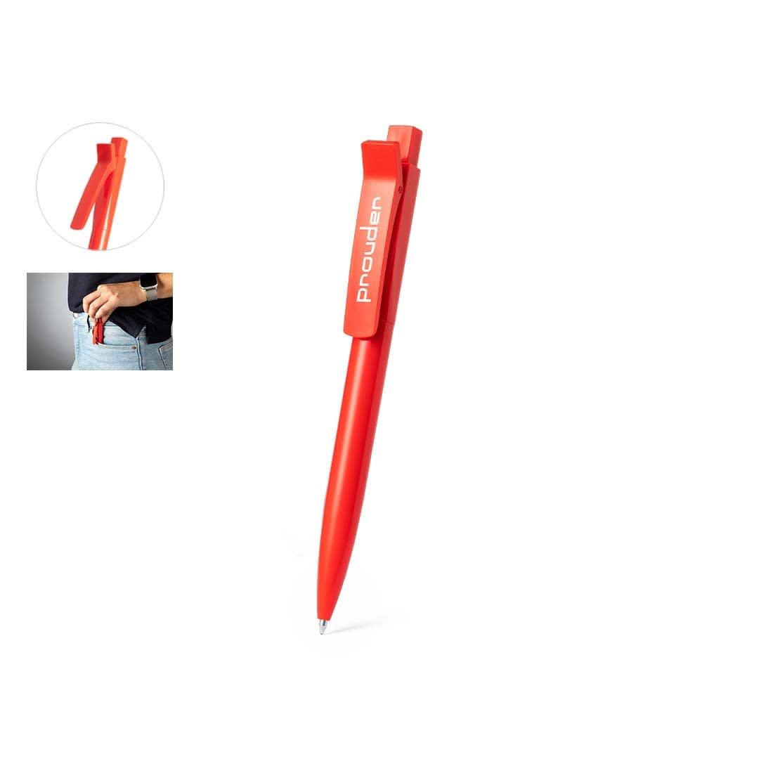 A red plastic pen with a clip, featuring a logo, designed for writing. Jeans Pen - Image 1