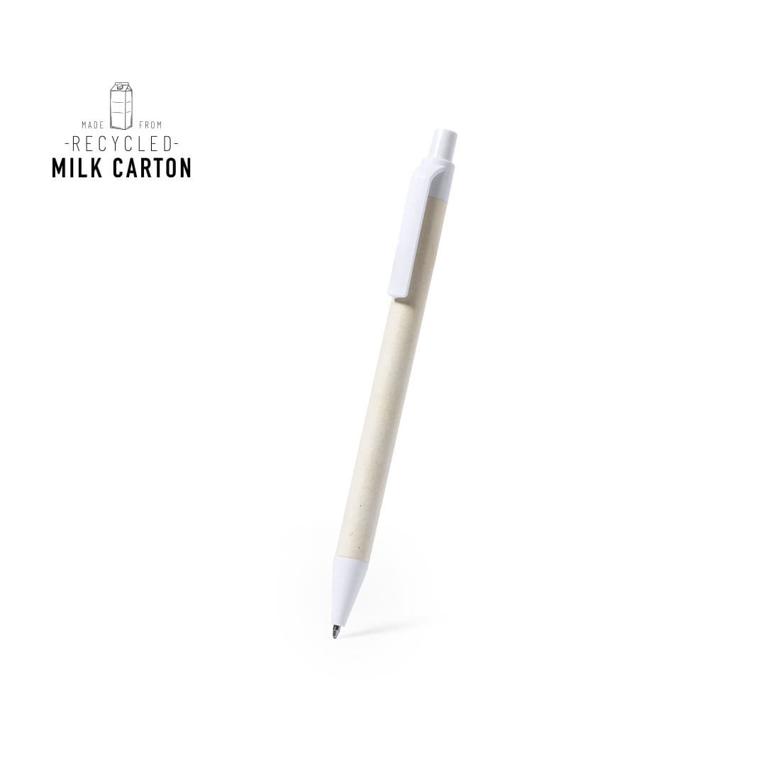 A white pen made from recycled milk cartons, featuring a clip and a logo at the top. Roliok Pen - Image 1