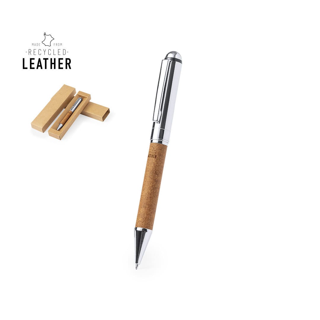 A pen with a brown recycled leather grip, silver accents, and a cardboard box packaging. It features a logo. Rayulk - Image 1