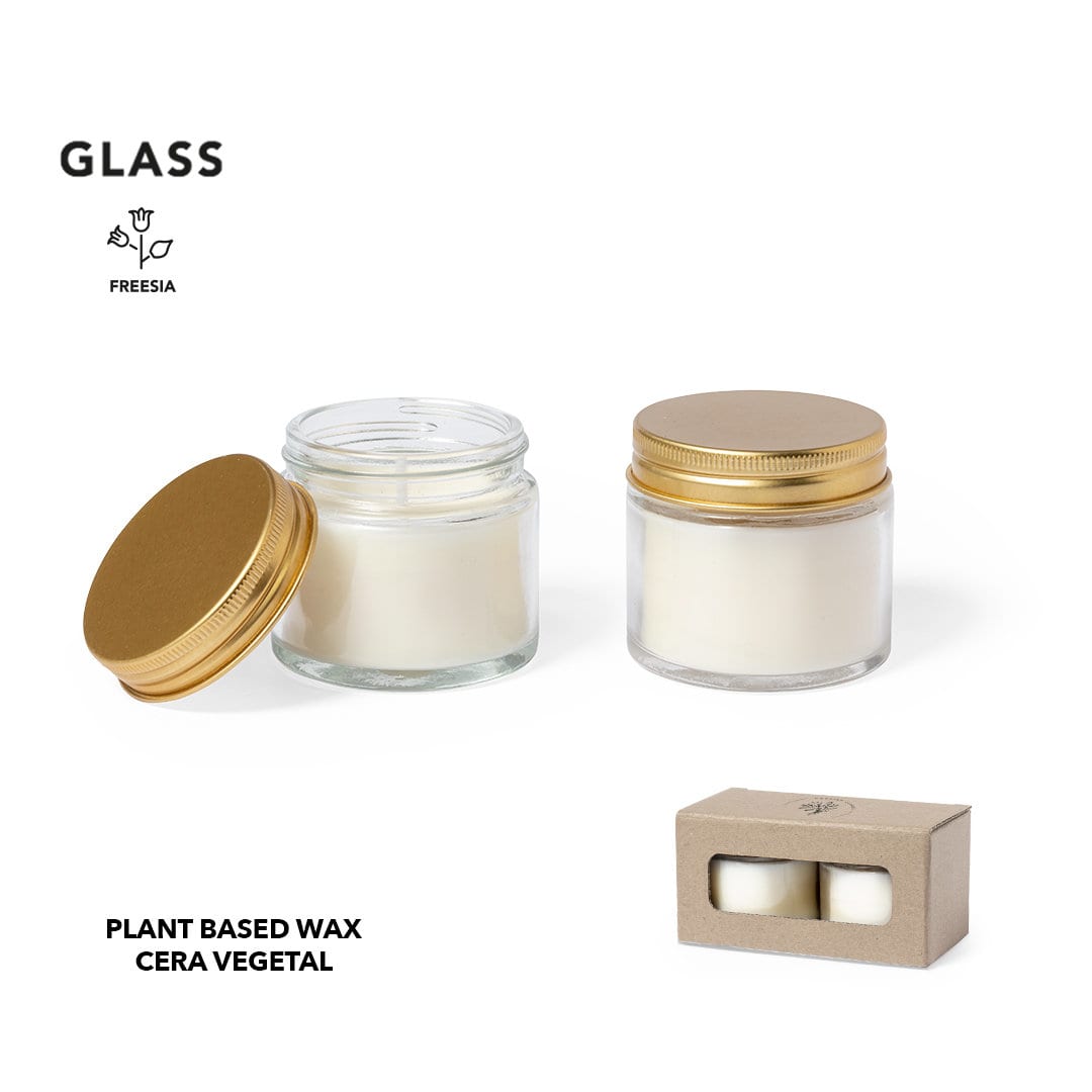 A scented candle set in clear glass jars with gold lids, featuring plant-based wax in a neutral colour. Kesha Aromatic Candle Set - Image 1