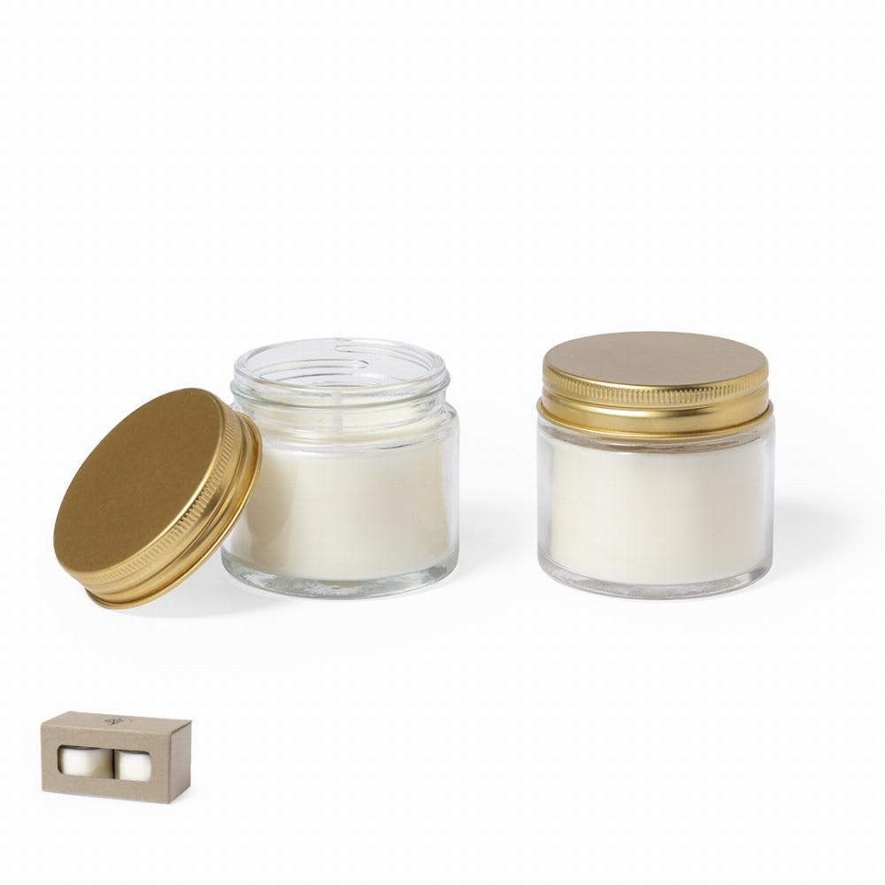 Two clear glass jars with gold lids, featuring white contents, displayed alongside a cardboard box. Kesha - Image 1