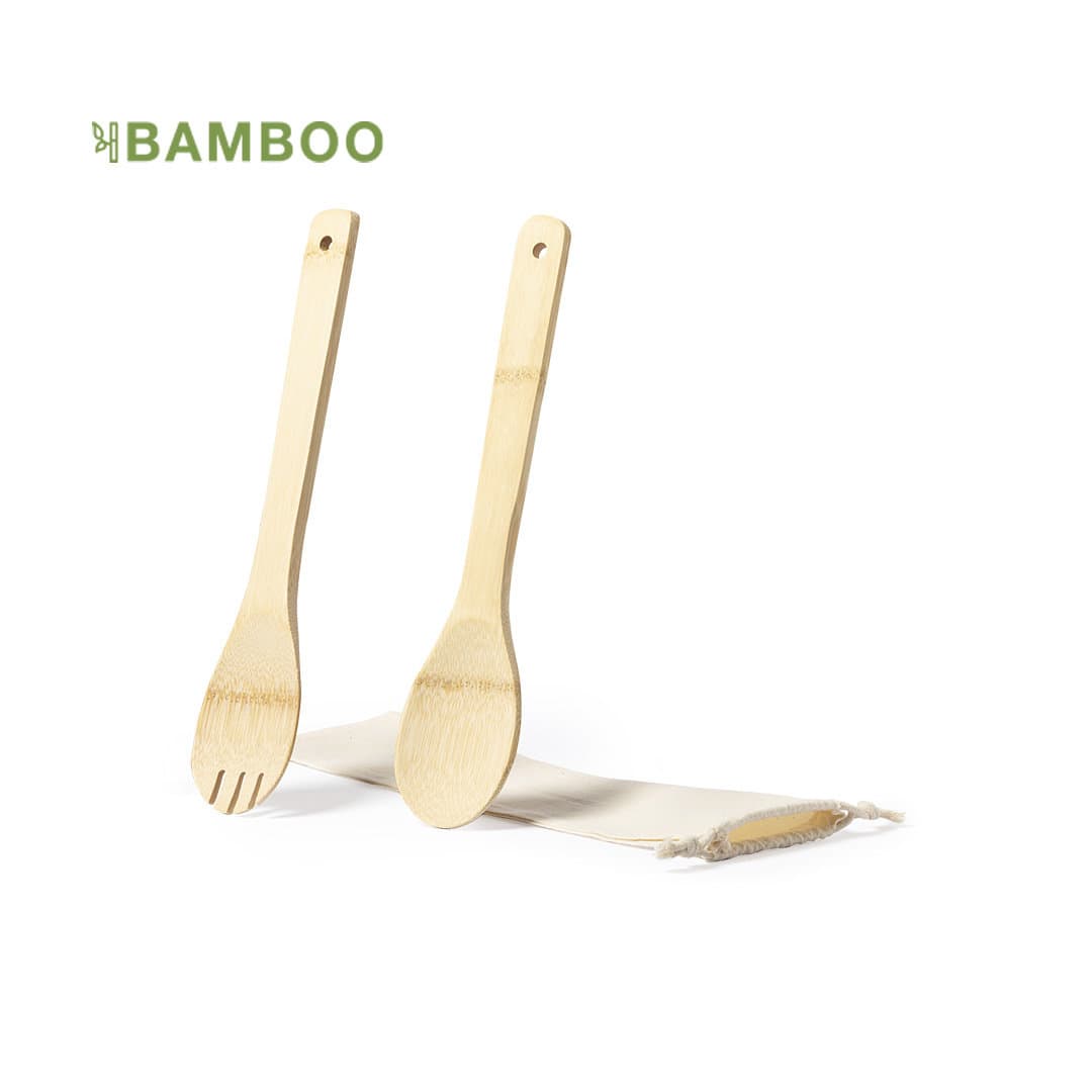 A bamboo salad set featuring a fork and spoon, accompanied by a fabric holder. Natural bamboo colour. Berter Salad Set - Image 1