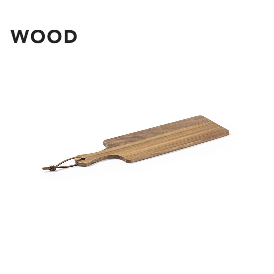 A wooden chopping board with a handle and a leather tie for hanging. It has a smooth, natural finish. Janet - Image 1