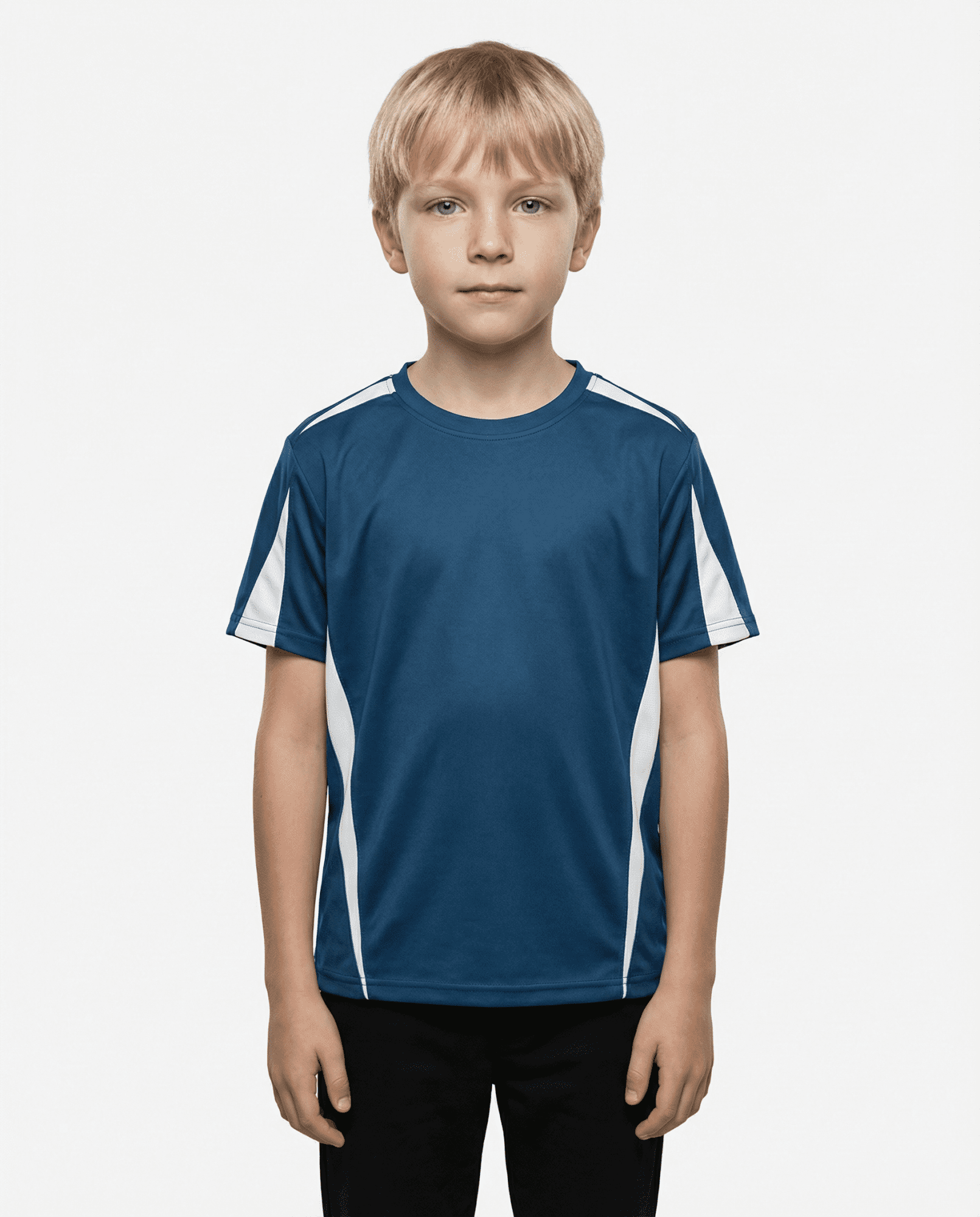 A blue T-shirt with white accents, worn by a child. The shirt features short sleeves and a sporty design. EUREKA KIDS TEES RUNOUT - Image 1