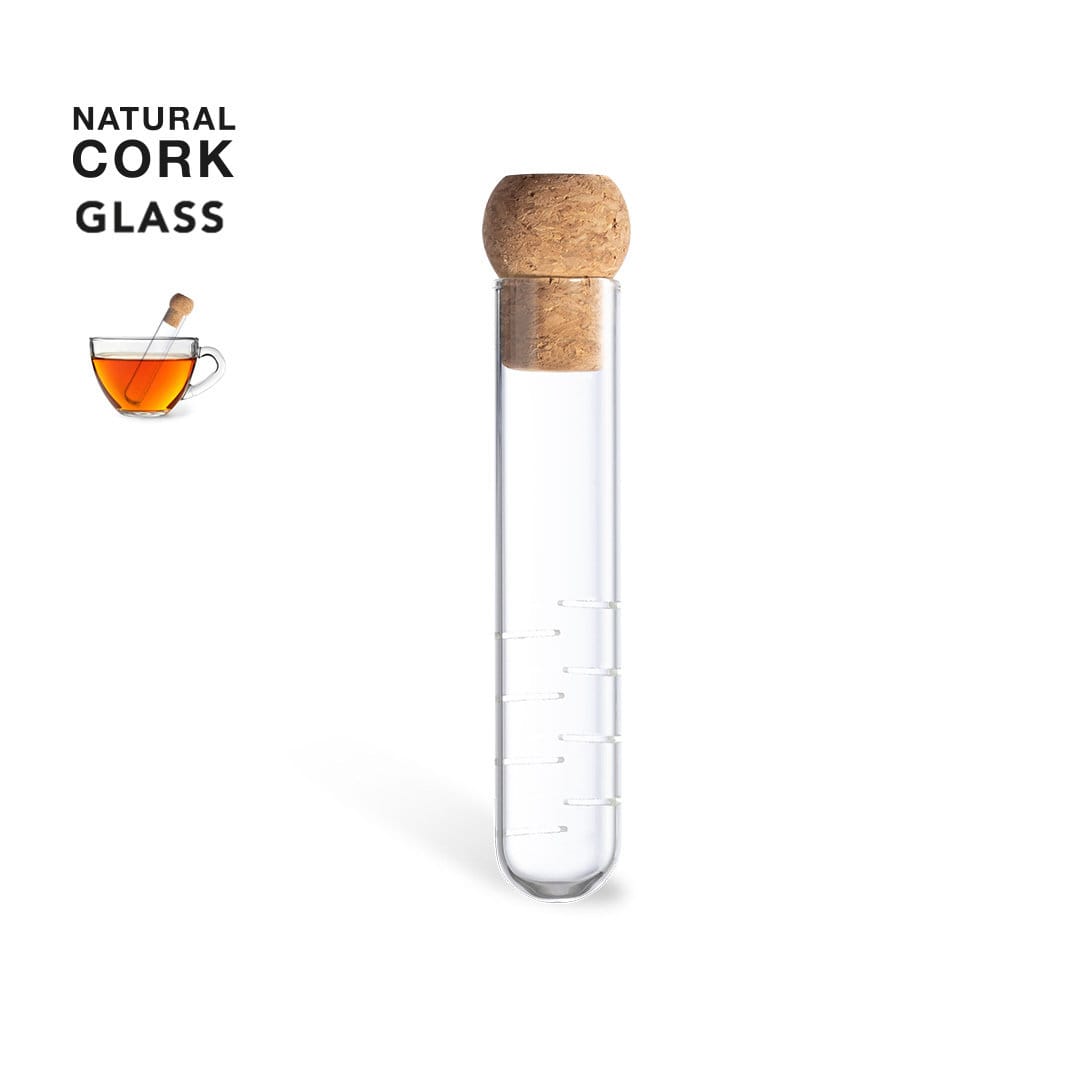 A glass tea infuser with a natural cork lid, featuring a sleek design and measuring markings on the side. Hanay Infuser - Image 1