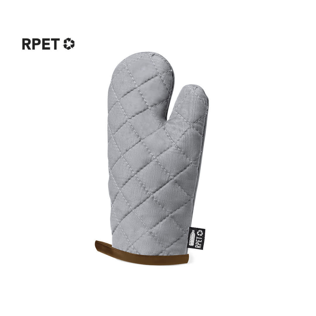 A grey oven mitt with a quilted pattern and a brown grip. It has a logo on the side. Kalose - Image 1