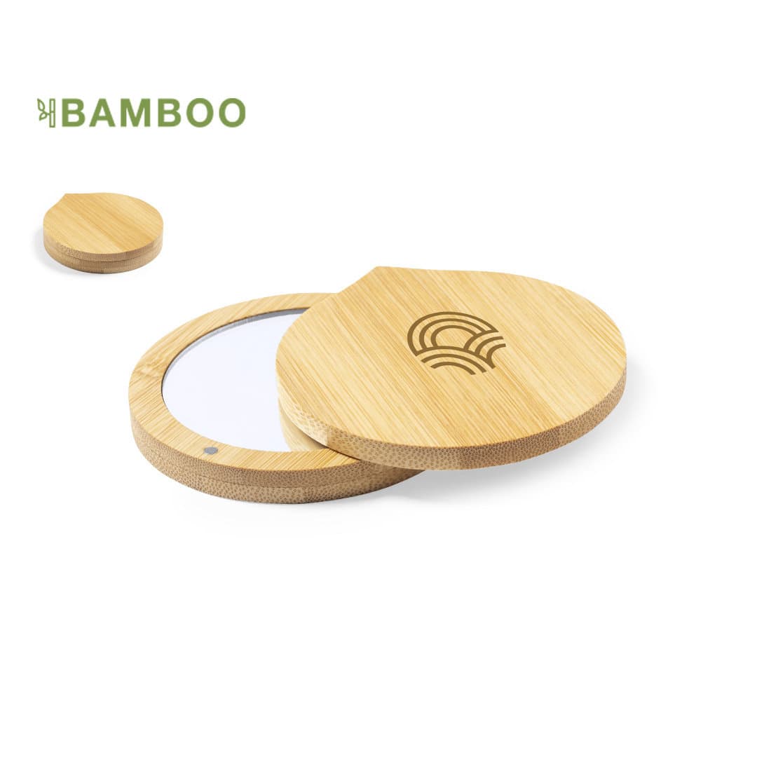 A bamboo compact mirror with a round shape and a natural wood finish, featuring a logo on the surface. Susil - Image 1