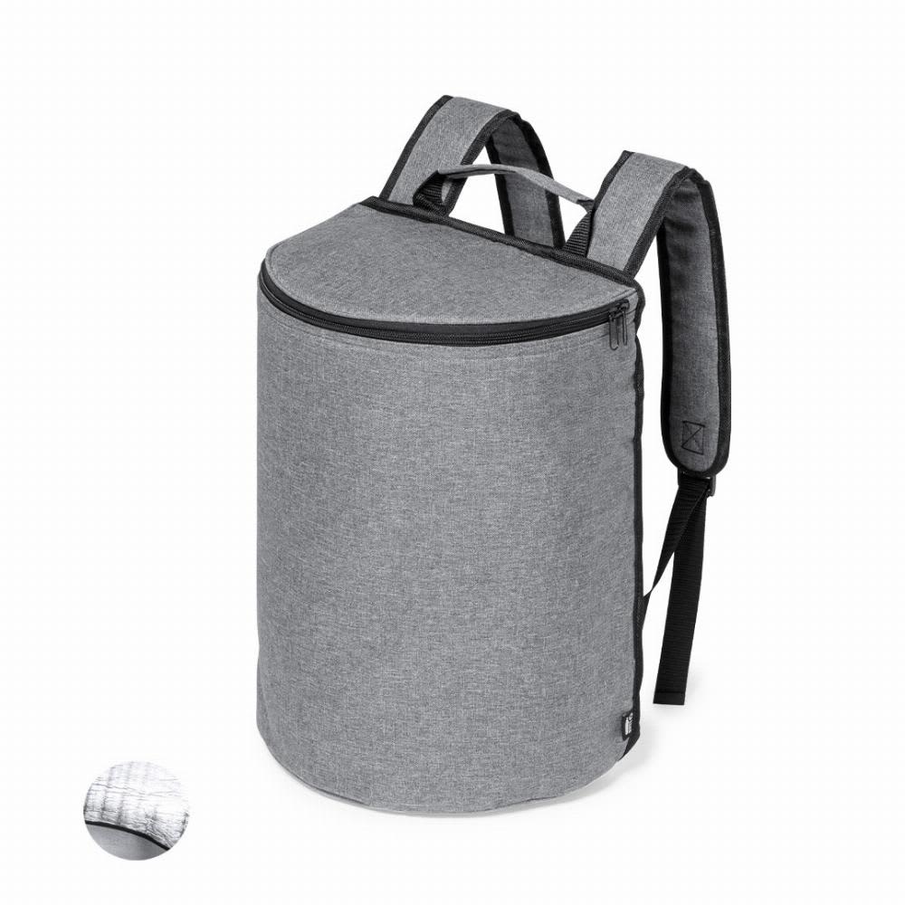 A grey backpack with a round zippered top and adjustable straps, featuring a simple design and a logo. Yamir - Image 1