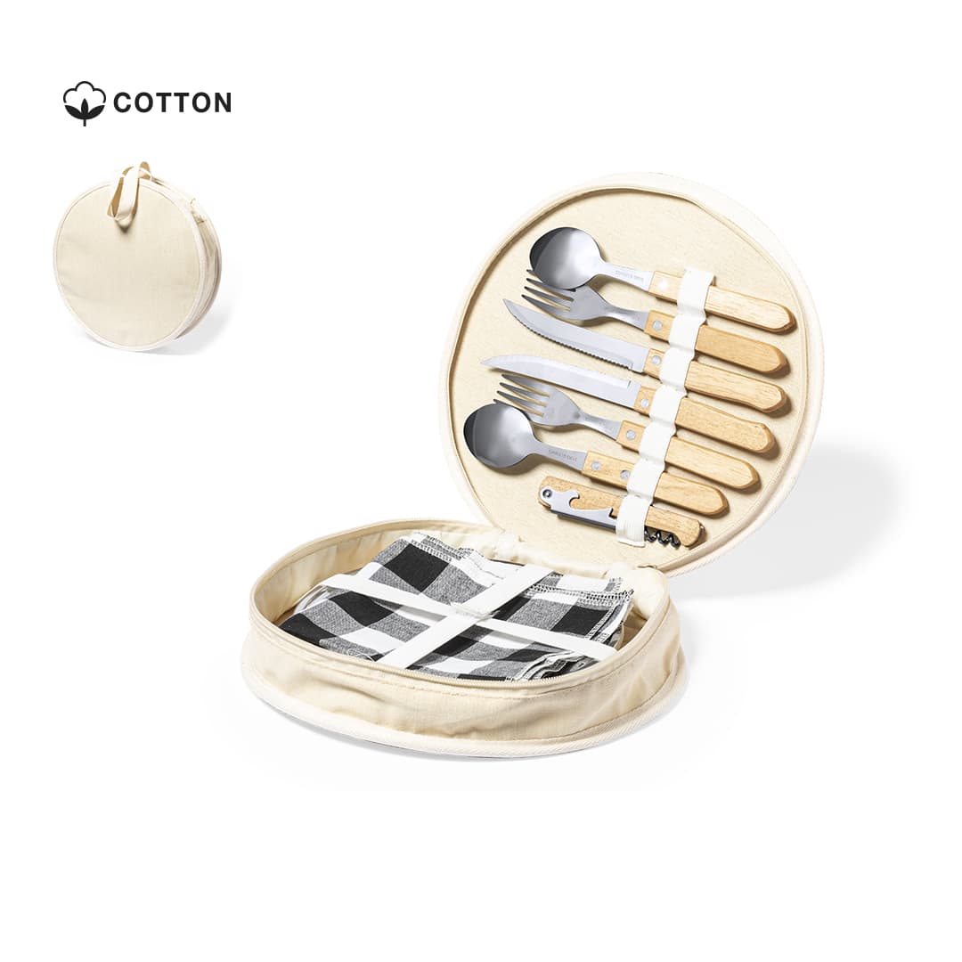 A round cream-coloured picnic set featuring utensils with wooden handles and a checkered cloth inside. Includes a logo. Scotty Picnic Set - Image 1