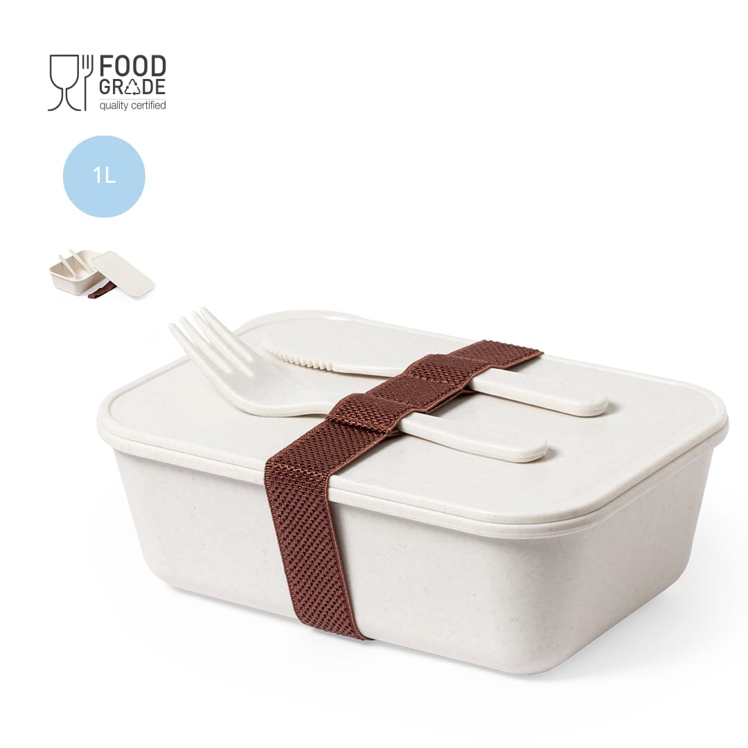 A white lunch box with a brown strap, including a fork and spoon stored on top. It has a food grade certification. Weaver Lunch Box - Image 1