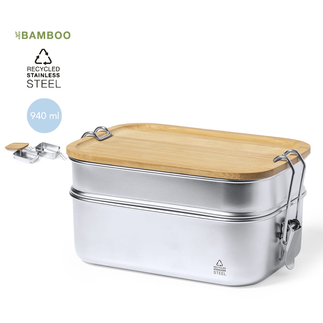 A silver stainless steel lunch box with a bamboo lid and metal clips, featuring a two-tier design and a capacity of 940 ml. Vickers Lunch Box - Image 1