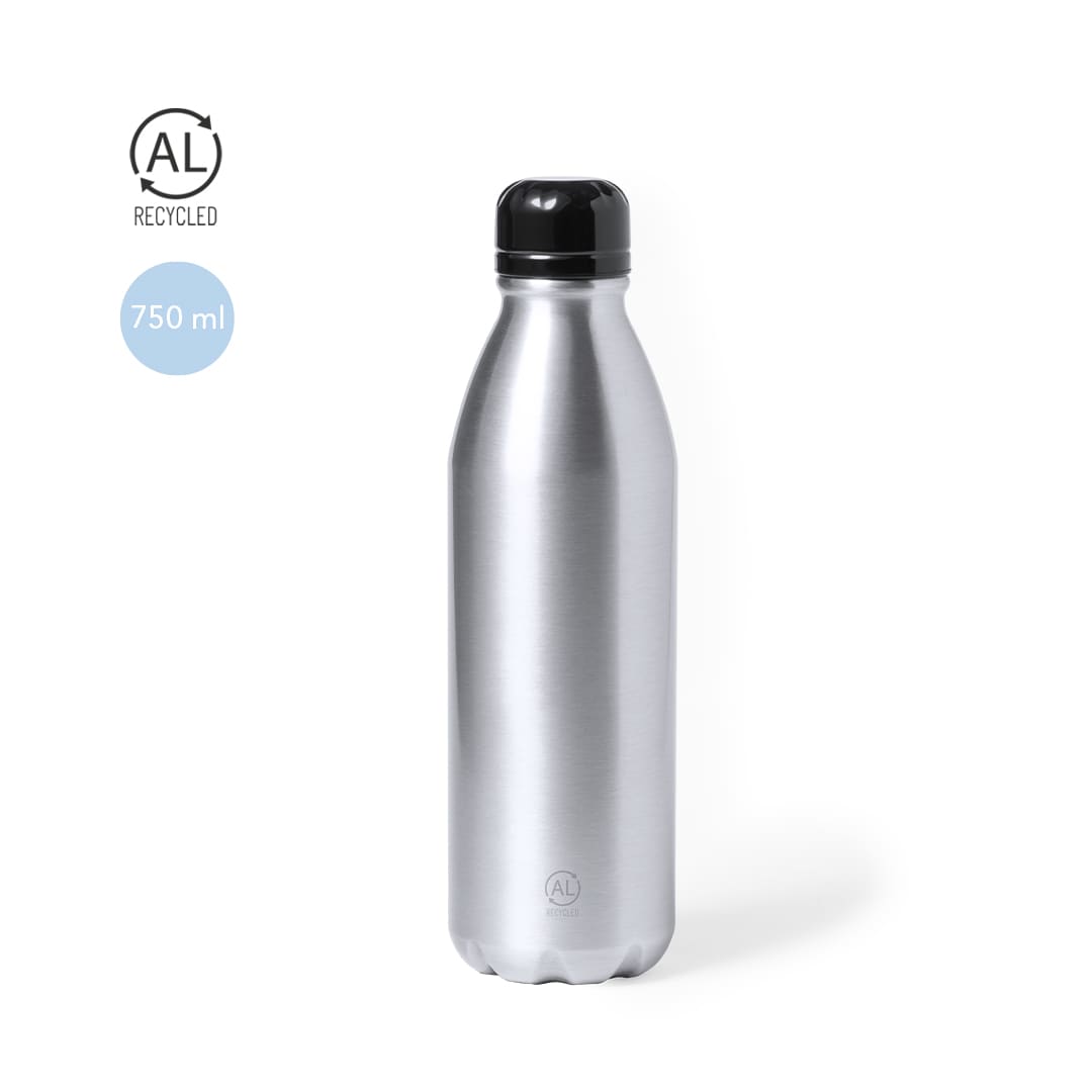 A drink bottle made of recycled aluminium, featuring a sleek silver finish and a black screw-on lid. Kristum Bottle - Image 1