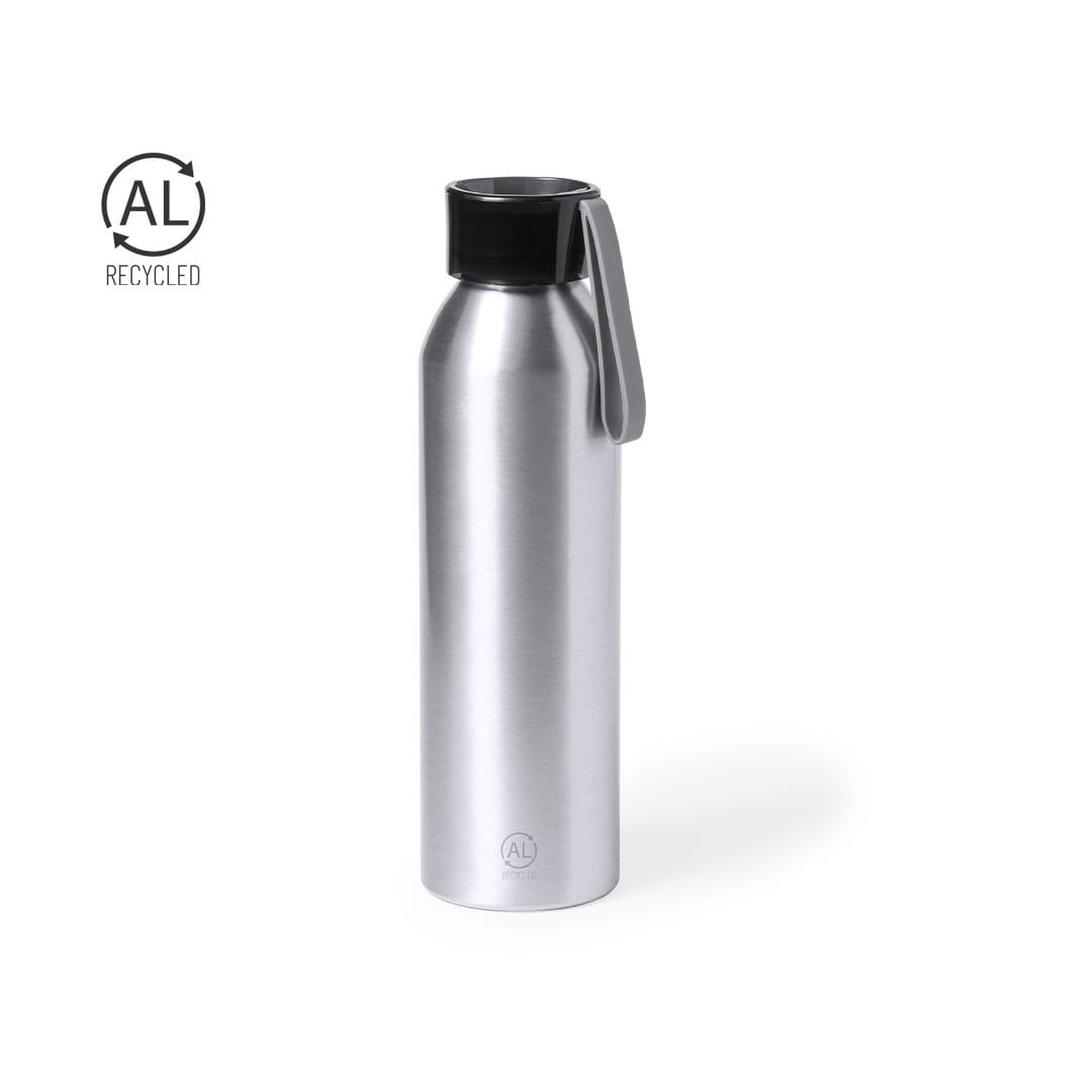 A drink bottle in silver stainless steel with a black lid and a grey strap, featuring a logo. Yaliz - Image 1