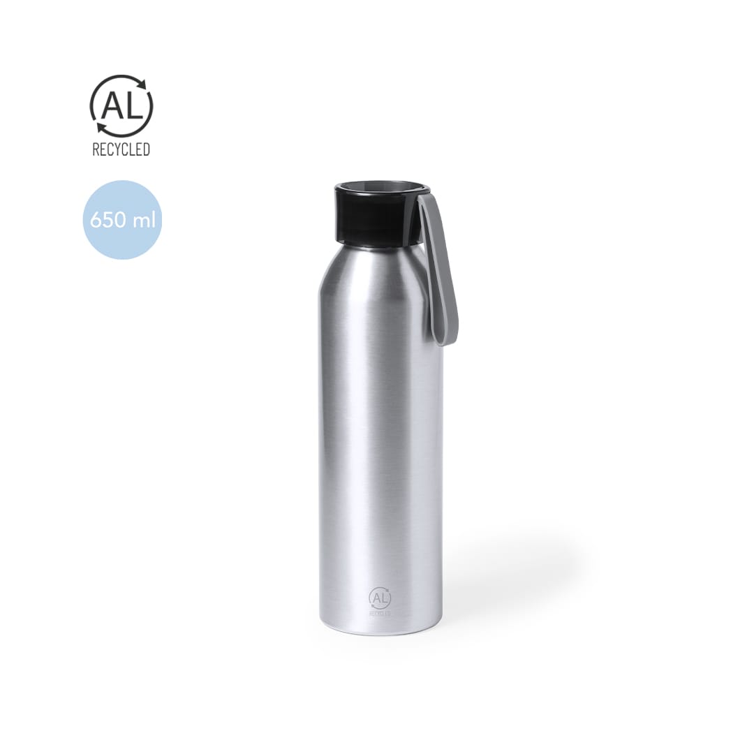 A drink bottle made of silver stainless steel, featuring a black lid and a handle, with a capacity of 650 ml. Yaliz Bottle - Image 1