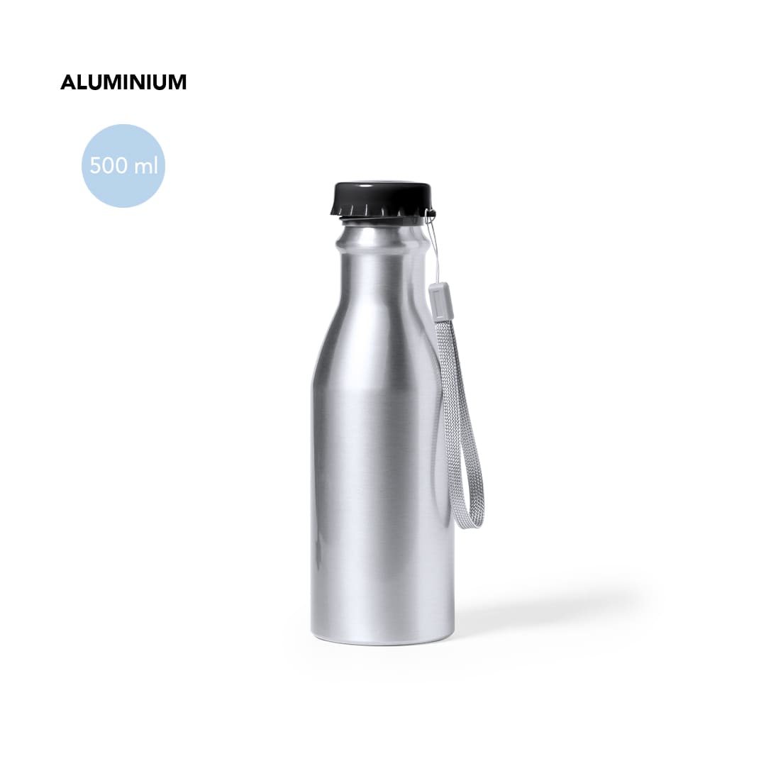 A drink bottle crafted from aluminium, featuring a sleek silver finish and a black screw top, with a side strap. Zambol Bottle - Image 1