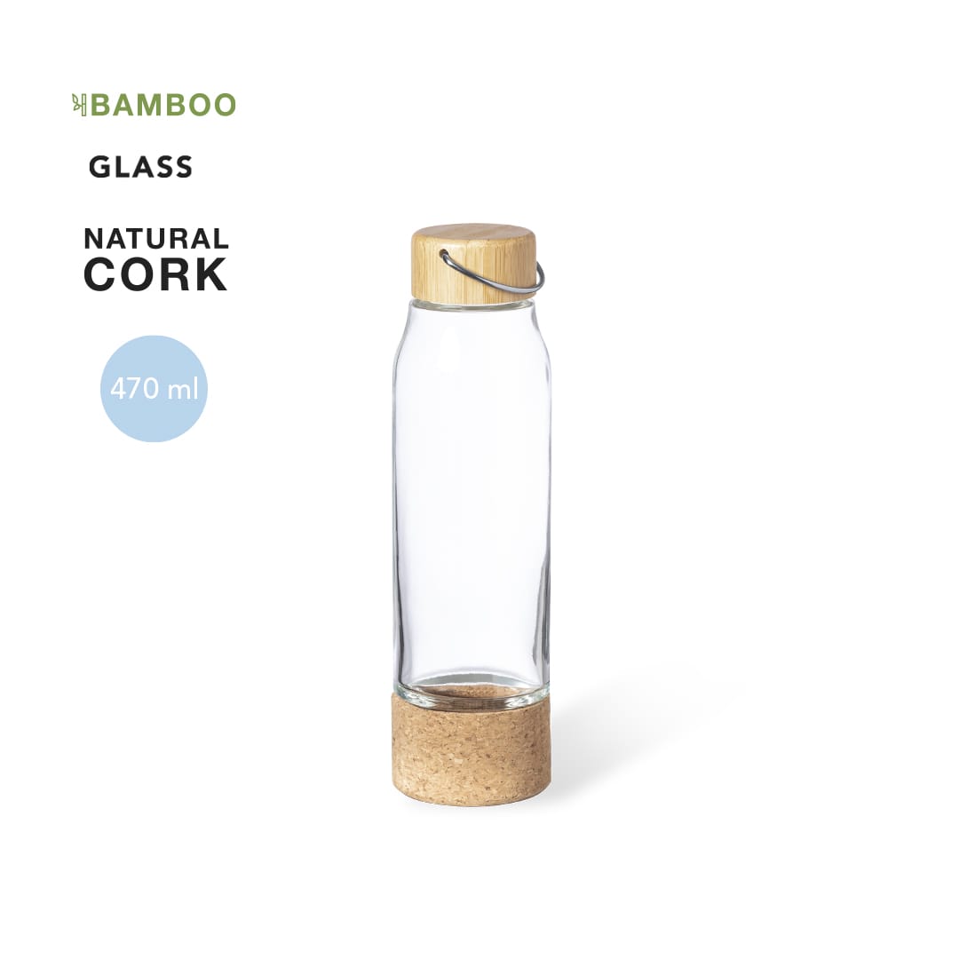 A drink bottle made of glass with a natural cork base and a bamboo lid, featuring a sleek, transparent design. Aderox Bottle - Image 1