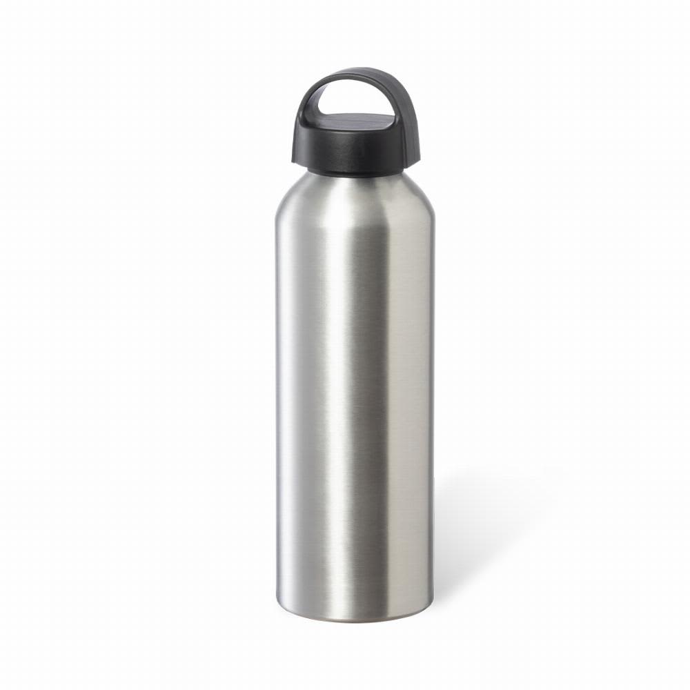 A drink bottle in a sleek silver finish with a black handle and a logo on the front. Carthy - Image 1