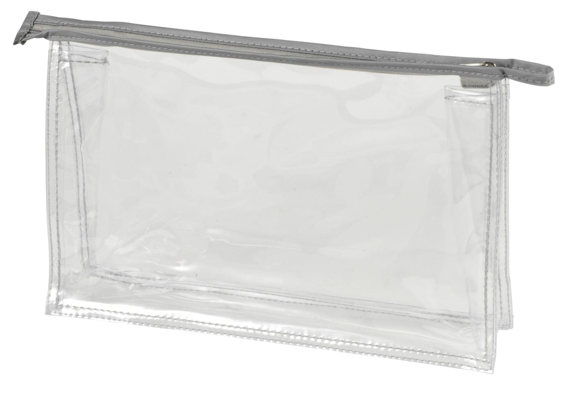 A transparent zippered bag with a grey zip, designed for storing toiletries and accessories. Universal Zipper Bag - Image 1