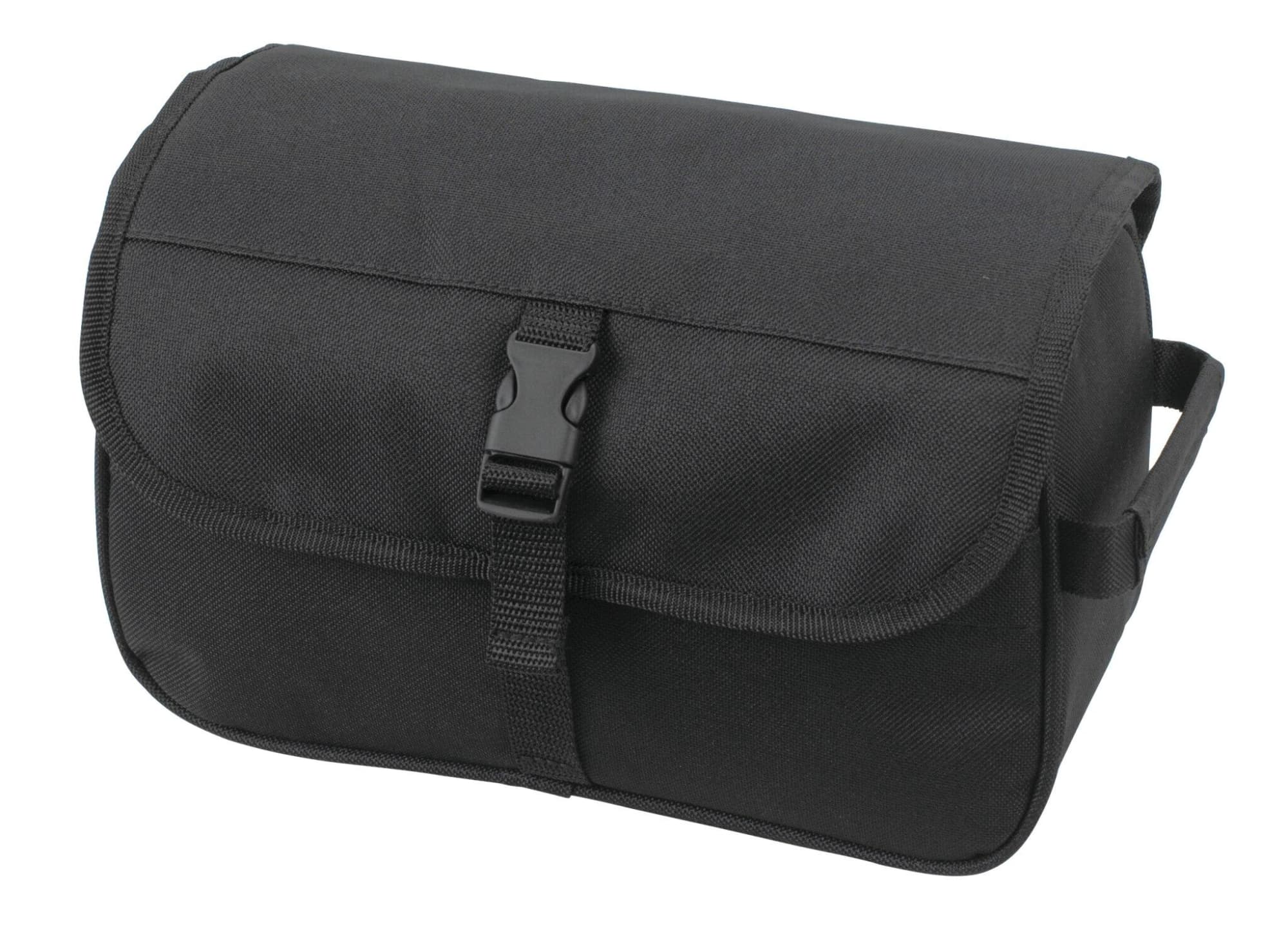 A black toiletry bag with a flap and buckle closure. It features a handle for easy carrying and includes a logo. Business Wash Bag - Image 1