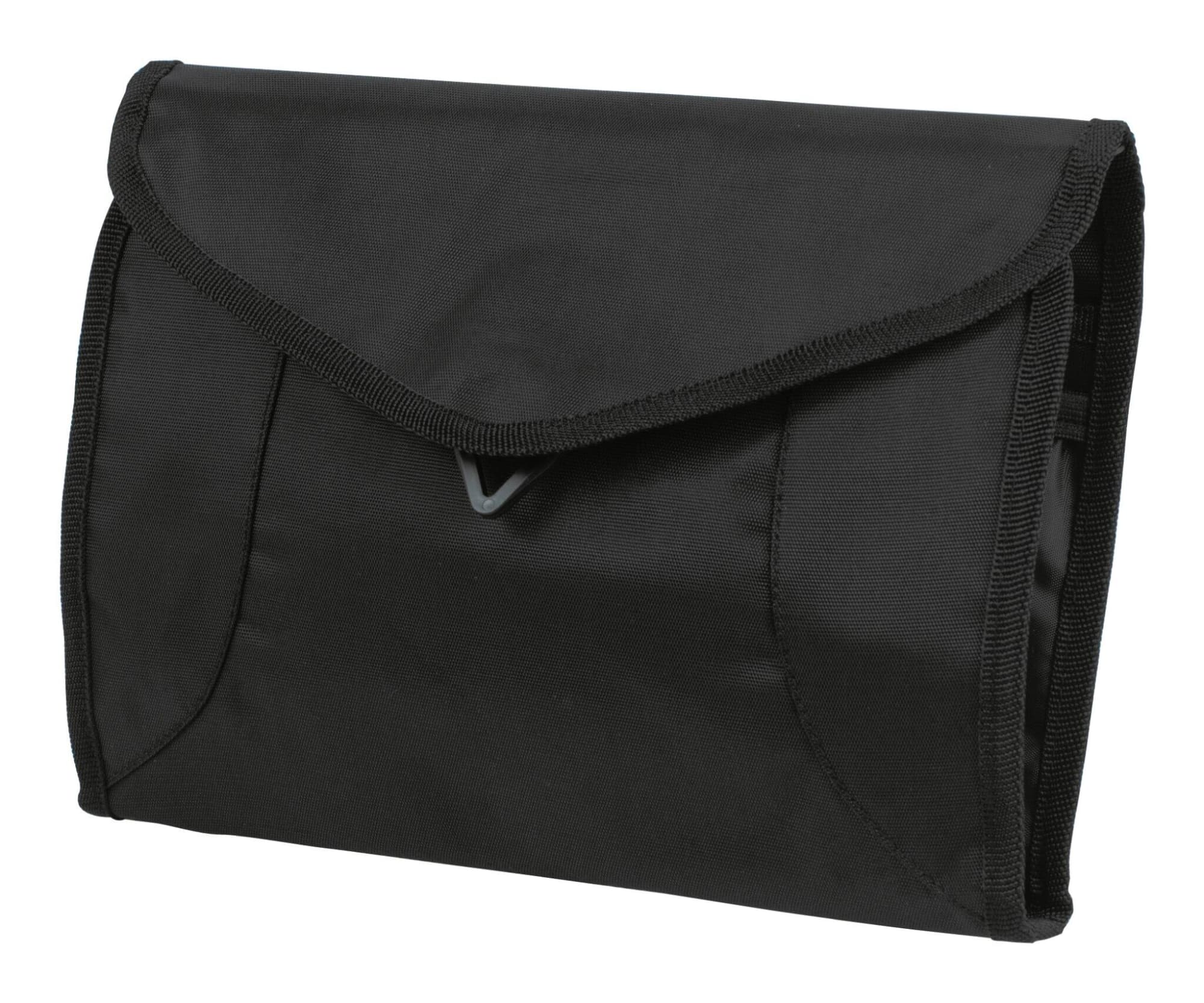 A black toiletry bag with a flap closure and side pockets, featuring a discreet logo. Sport Wash Bag - Image 1
