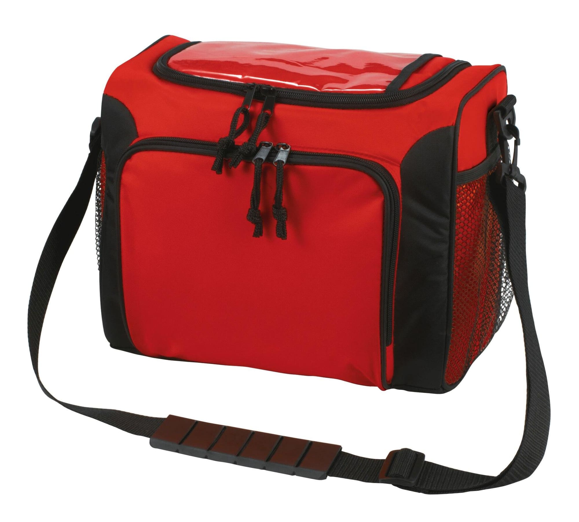 A red cooler bag with black accents, featuring a zippered compartment, mesh side pockets, and a shoulder strap. Sport Cool Bag - Image 1