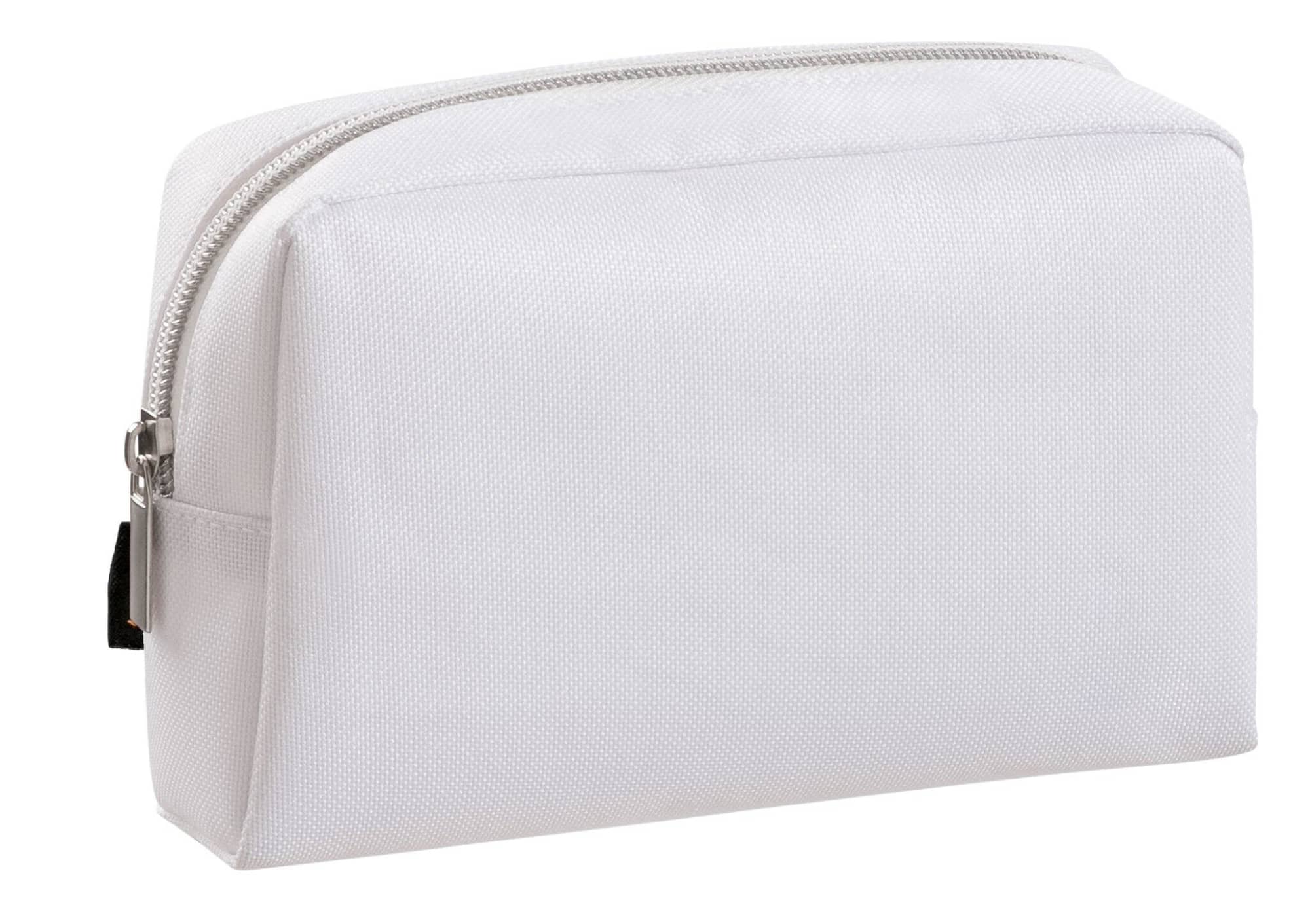 A white zippered bag with a rectangular shape and a black tab, featuring a logo on one side. Collect Zipper Bag - Image 1