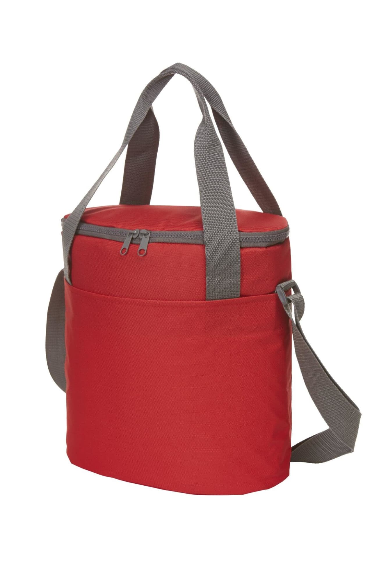 A red cooler bag with grey straps and a zippered top, featuring one outer pocket and a compact design. Solution Cool Bag - Image 1