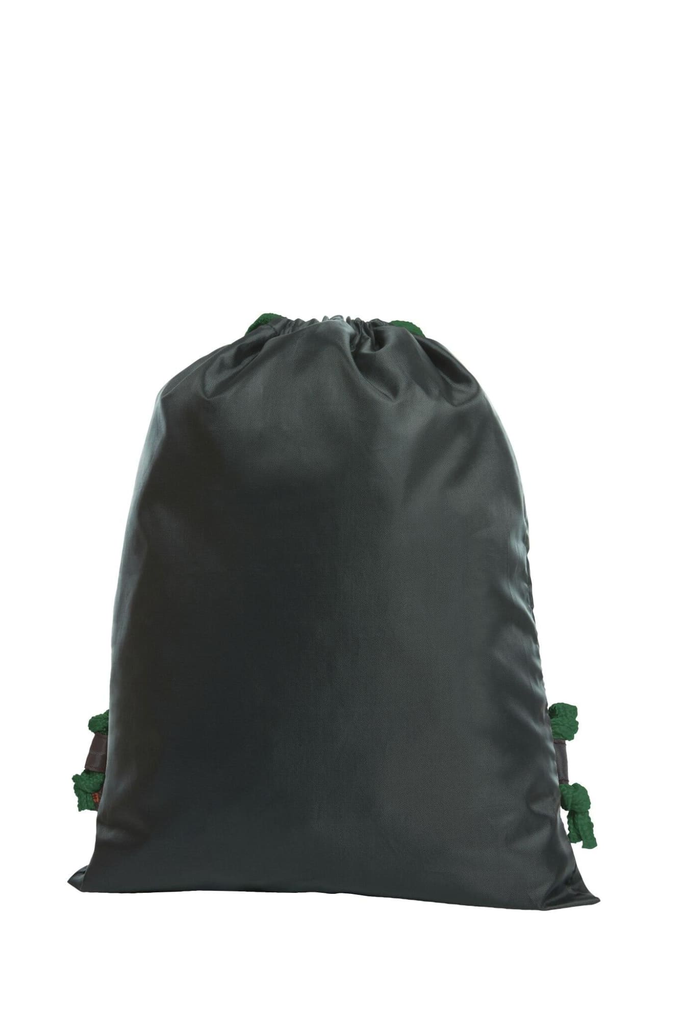 A black drawstring bag with green toggle closures and a simple design, featuring a logo on the front. Flash Drawstring Bag - Image 1