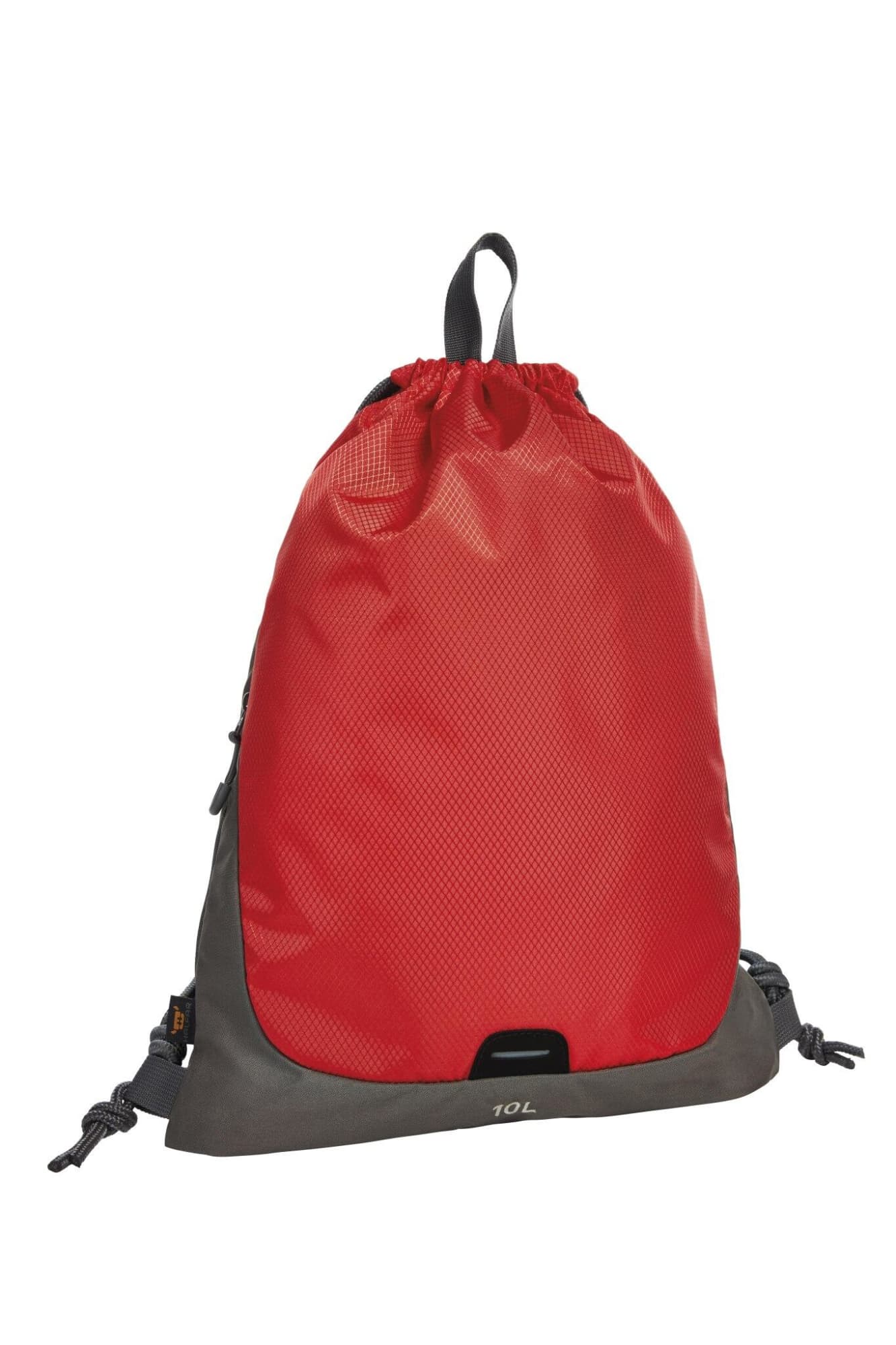 A red and grey drawstring bag with a mesh texture and a branded logo, featuring a 10L capacity. Step Drawstring Bag - Image 1