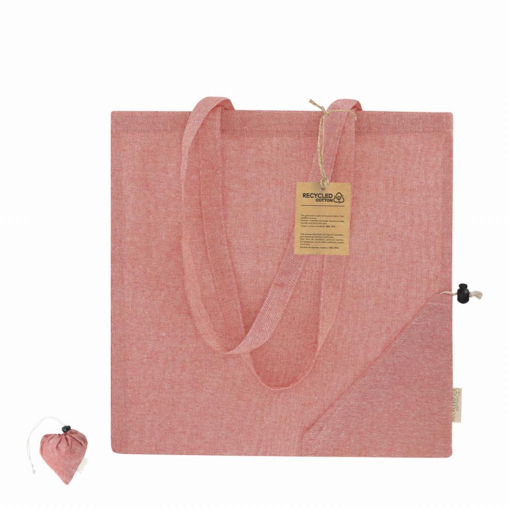 A pink reusable tote bag made from recycled materials, featuring long handles and a compact carrying pouch. Biyon - Image 1