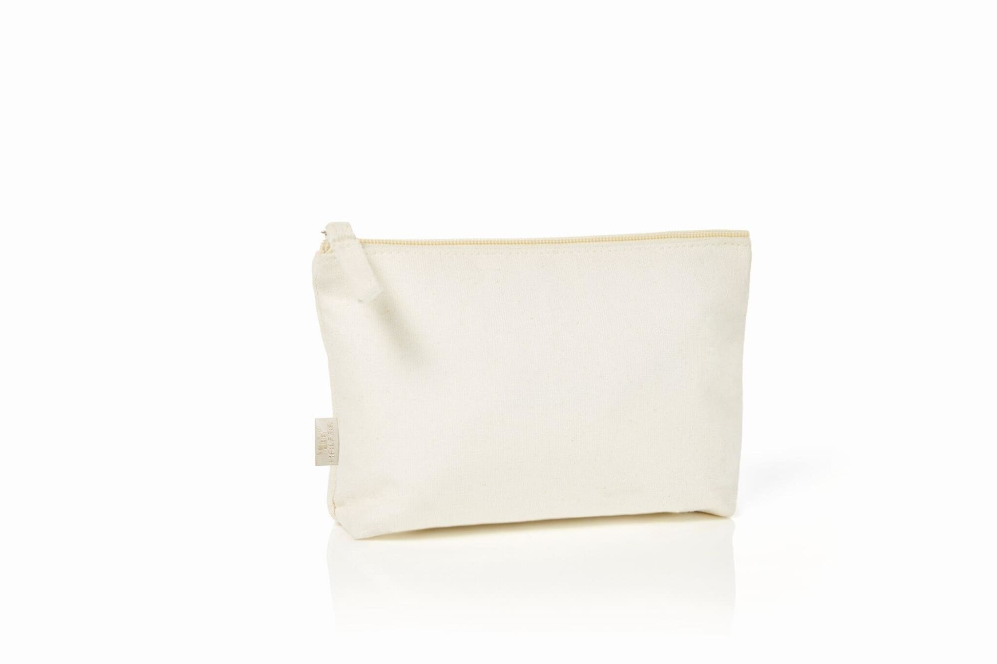 A cream-coloured organic zipper bag with a simple design and a branding logo on the side. Organic Zipper Bag S - Image 1