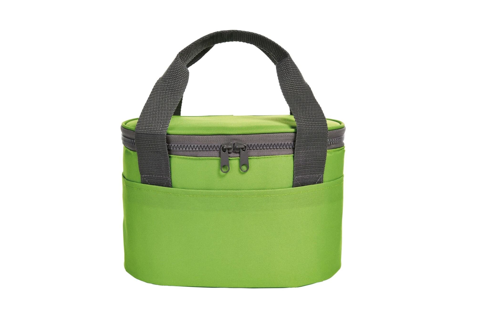 A green lunch bag with a zippered top and black handles, featuring an exterior pocket. Includes a logo. Solution Lunchbag - Image 1