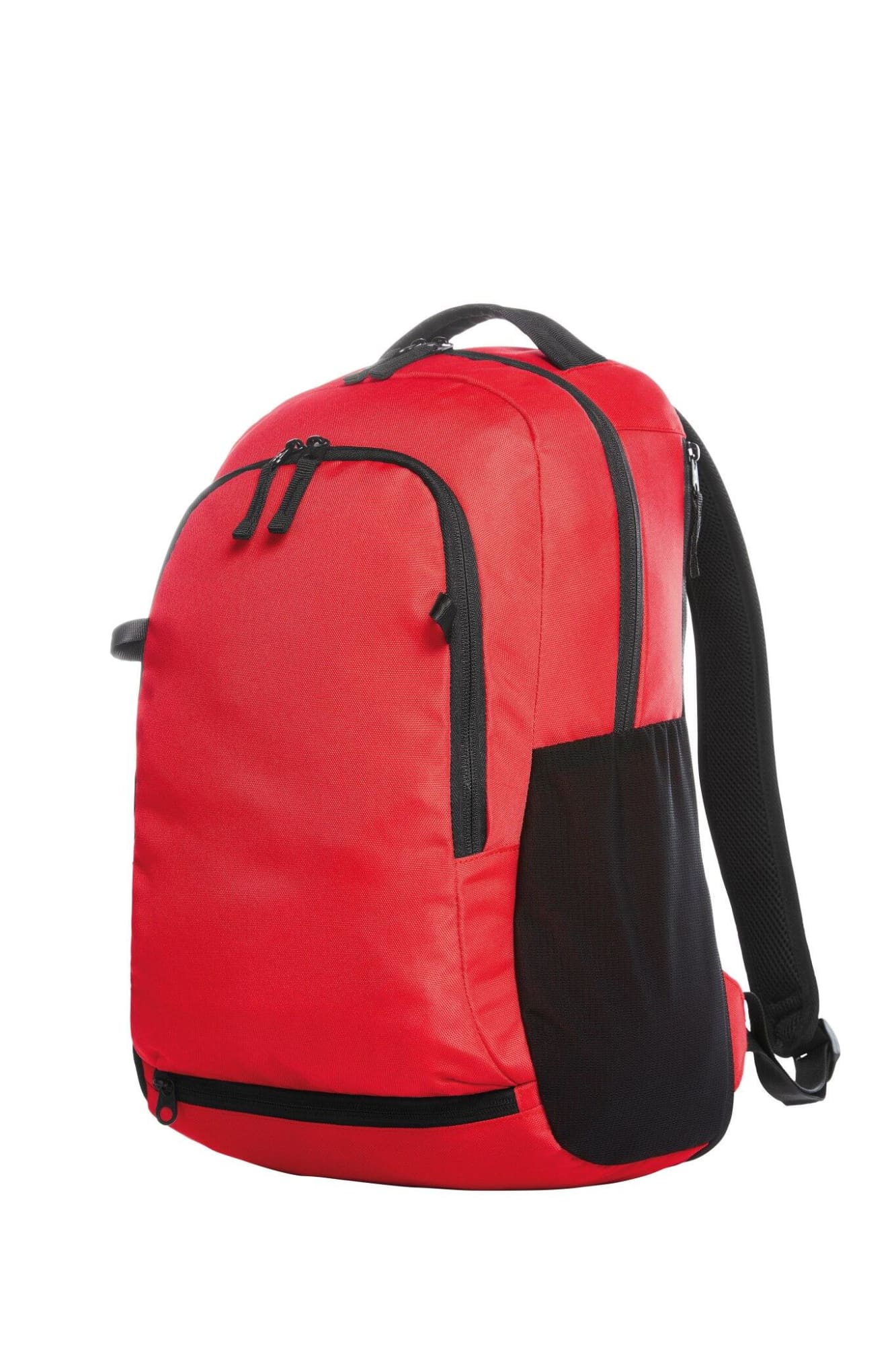A red backpack with black accents, featuring multiple zippered pockets and adjustable straps. Team Backpack - Image 1