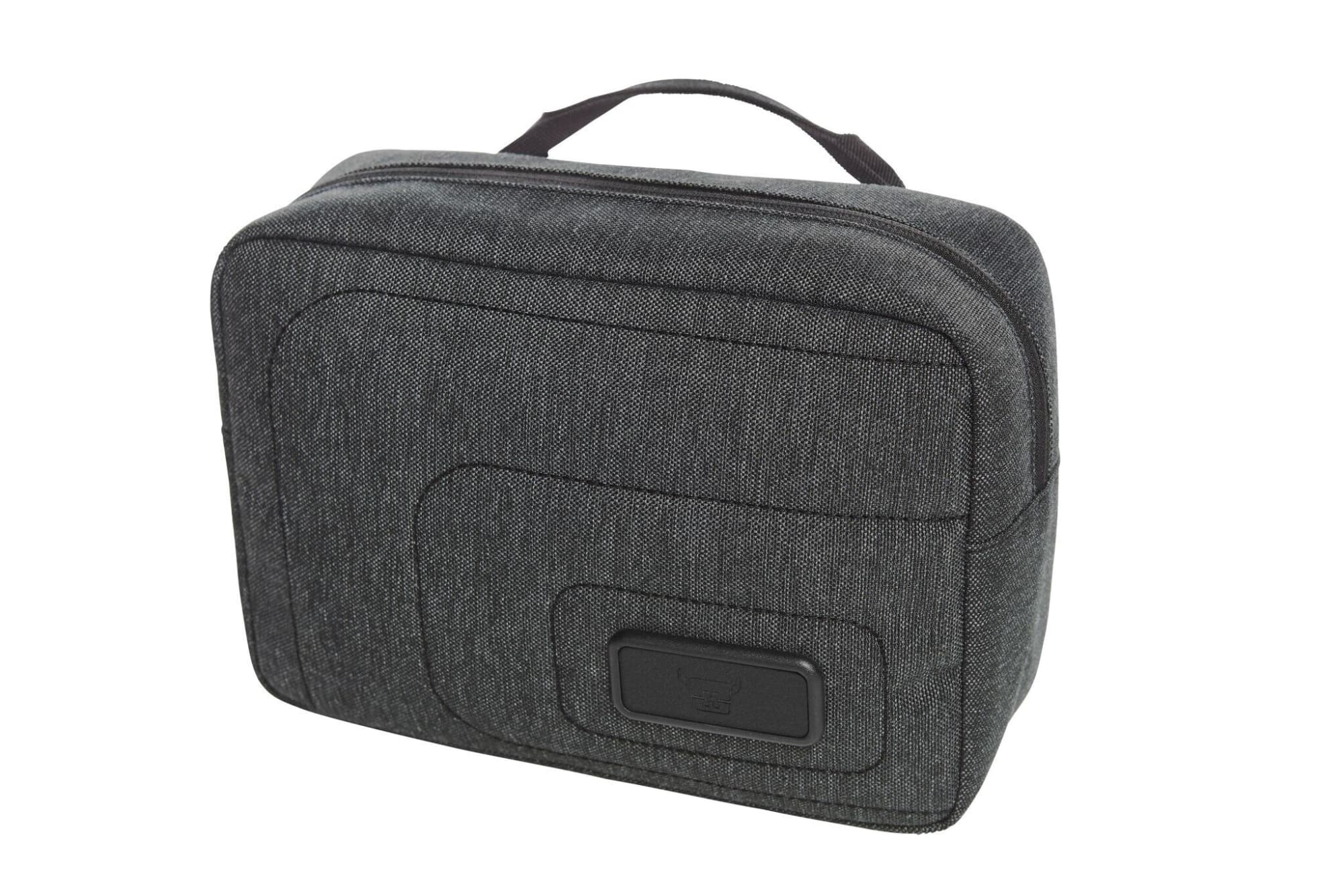 A grey toiletry bag with a structured design and a top handle, featuring a logo on the front. Frame Zip Bag - Image 1