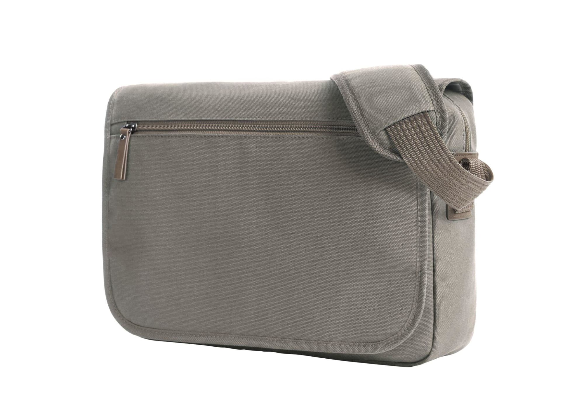 A grey shoulder bag with a flap and a shoulder strap. It features a front zip pocket and a simple design. Country Shoulder Bag - Image 1