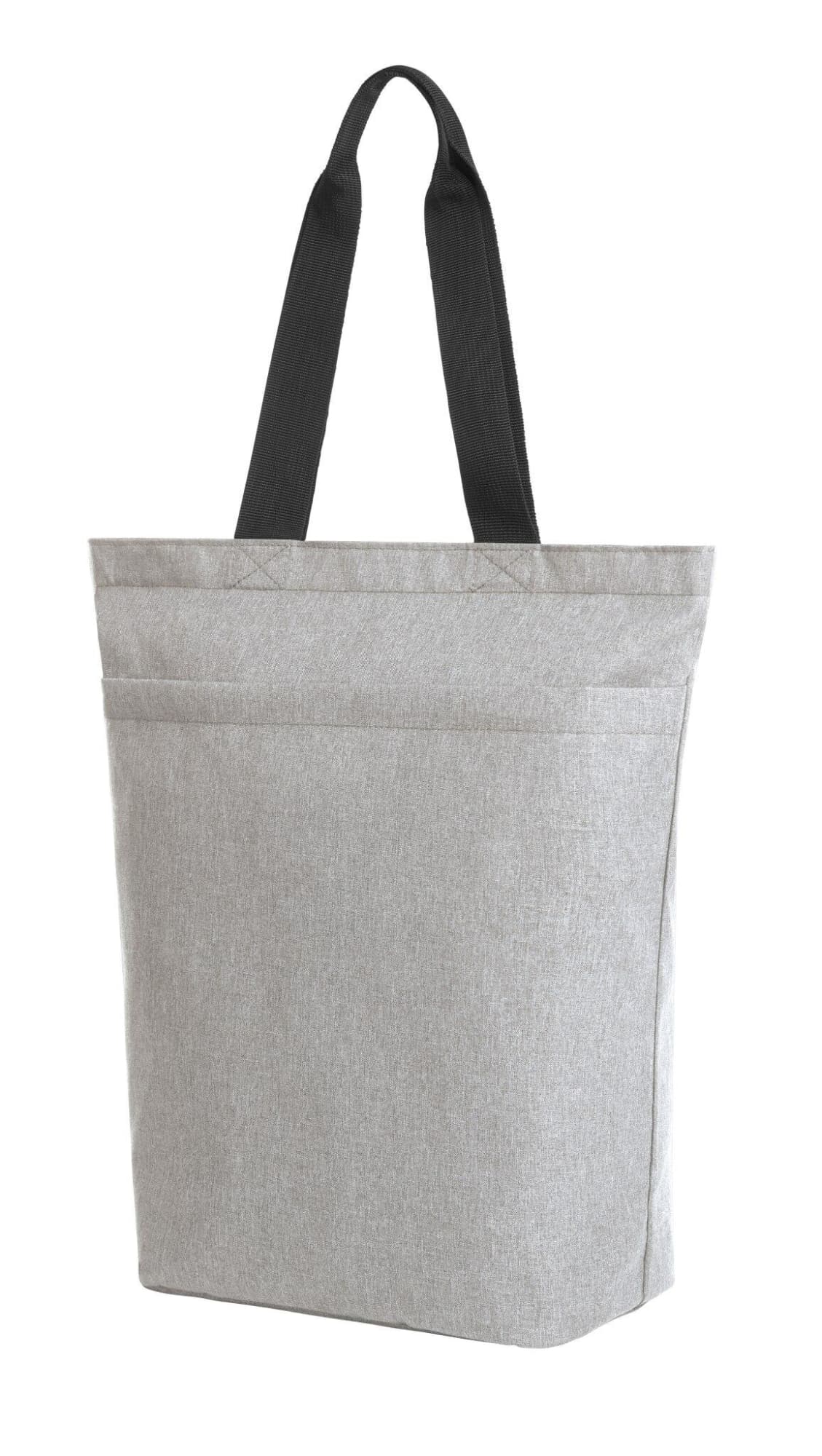 A grey tote bag with black handles, featuring two exterior pockets and a simple design. Circle Shopper - Image 1