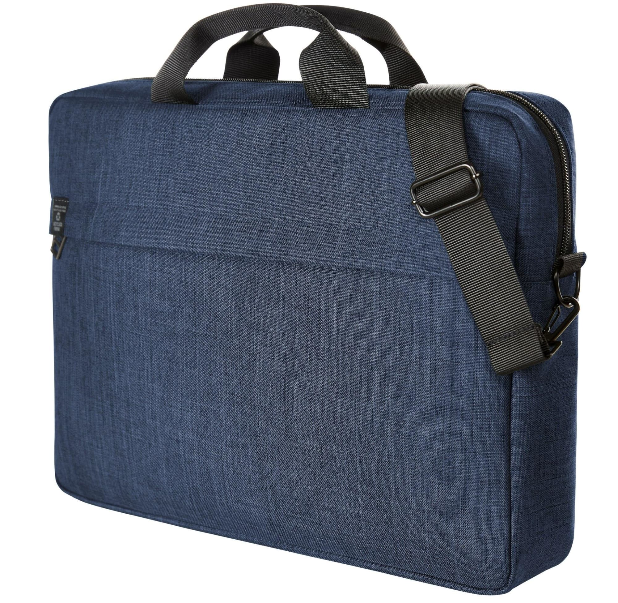 A navy blue laptop bag with a handle and an adjustable strap, featuring a logo on the front. Europe Notebook Bag - Image 1