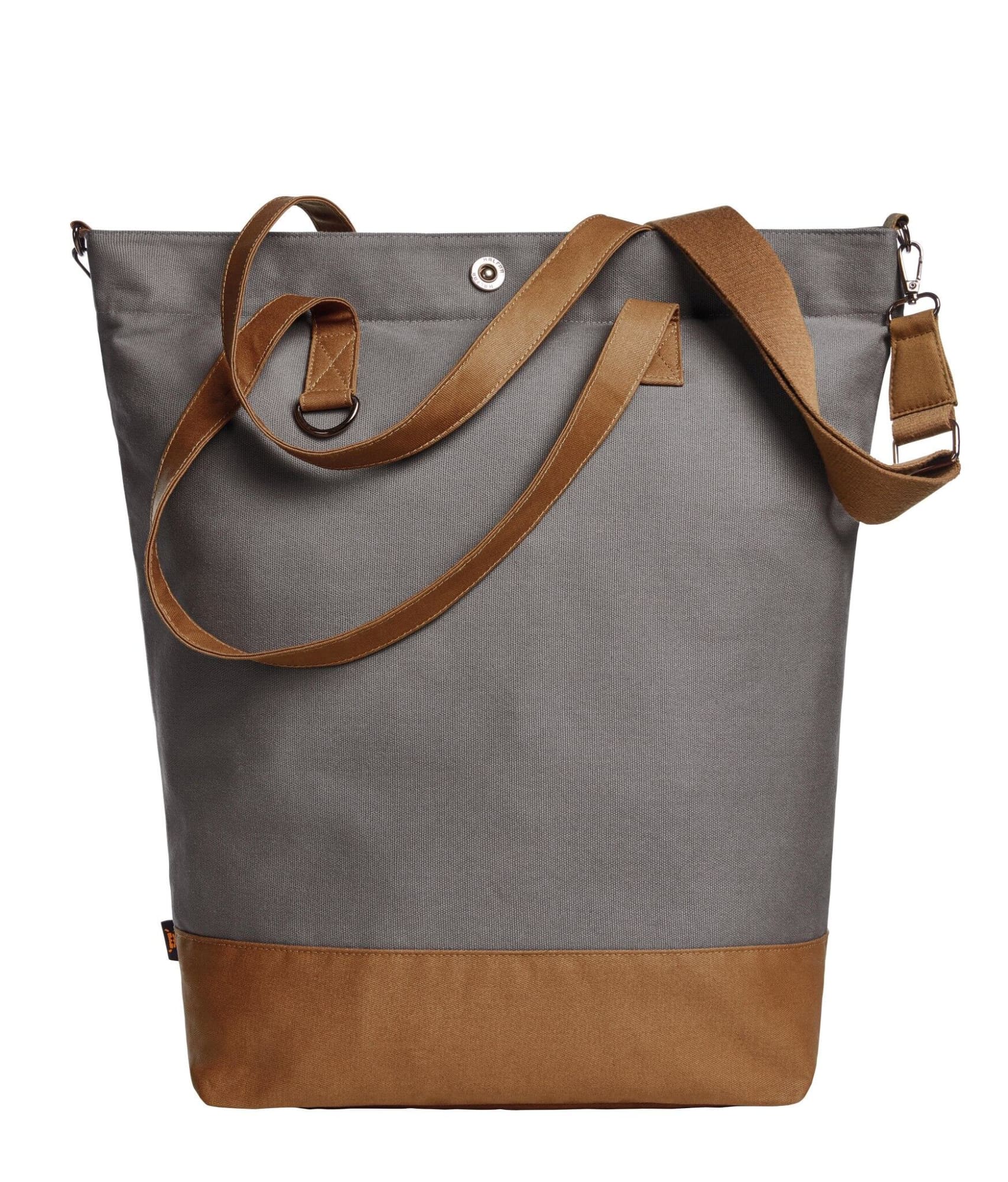 A grey tote bag with a brown leather base and adjustable strap, featuring a logo. Life Shopper - Image 1
