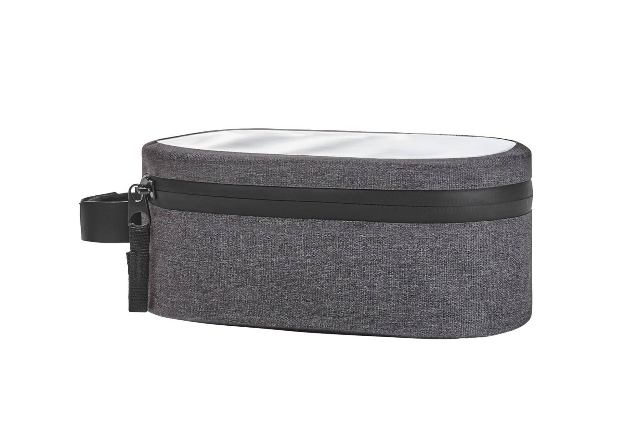 A grey bicycle frame bag with a zip closure and a handle, featuring a plain white interior. Cycle Bicycle Frame Bag - Image 1