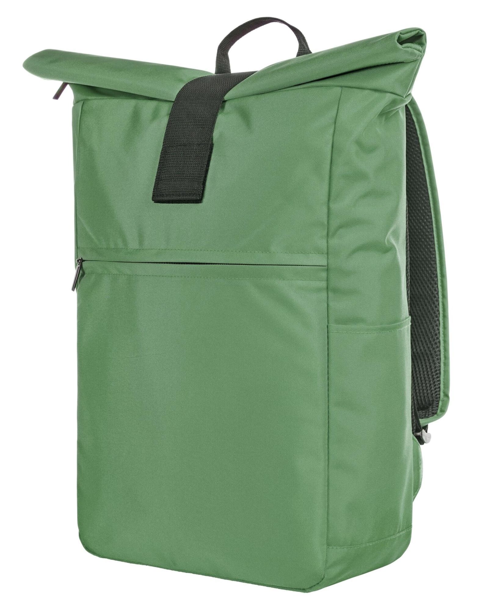 A green daily laptop backpack featuring a roll-top closure, adjustable straps, and a front zip pocket. Daily Laptop Backpack - Image 1