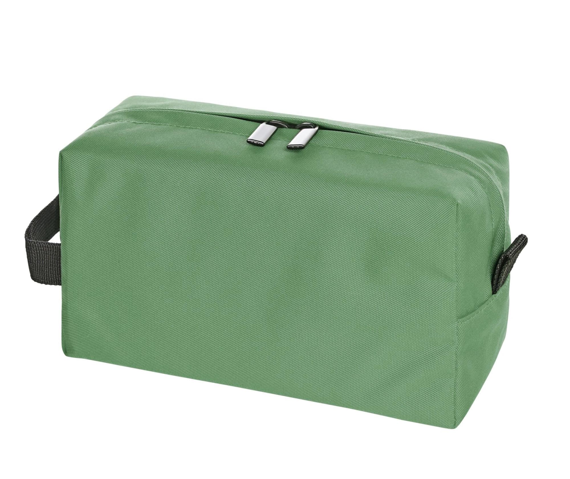 A green toiletry bag with a rectangular shape and dual zip closure, featuring a side handle and a logo. Daily Zip Bag - Image 1