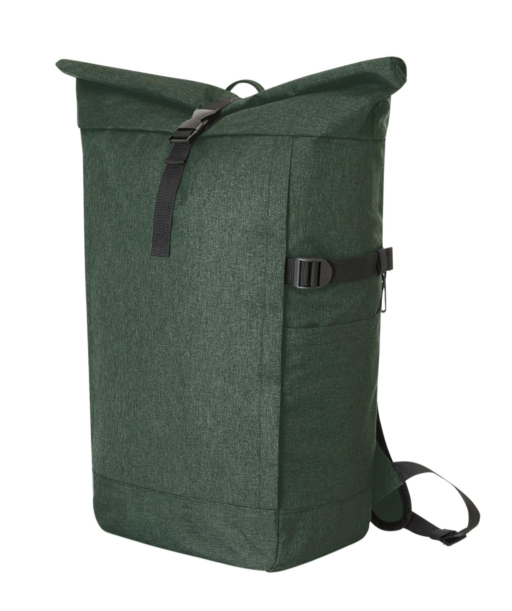 A green Circle Notebook Backpack L with a roll-top closure and adjustable straps, featuring a side pocket and a logo. Circle Notebook Backpack L - Image 1