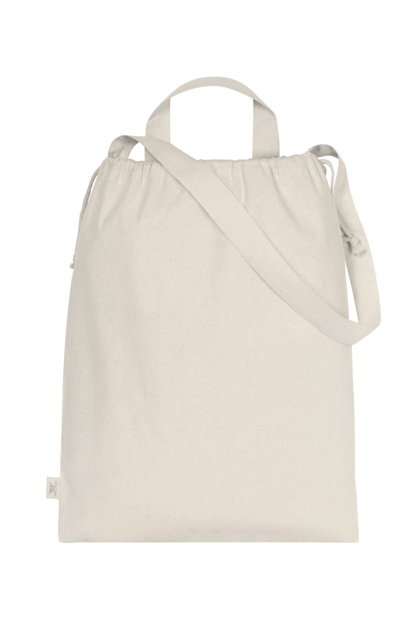 A light beige organic drawstring tote bag with handles and a shoulder strap, featuring a logo. Organic Drawstring Tote Bag - Image 1
