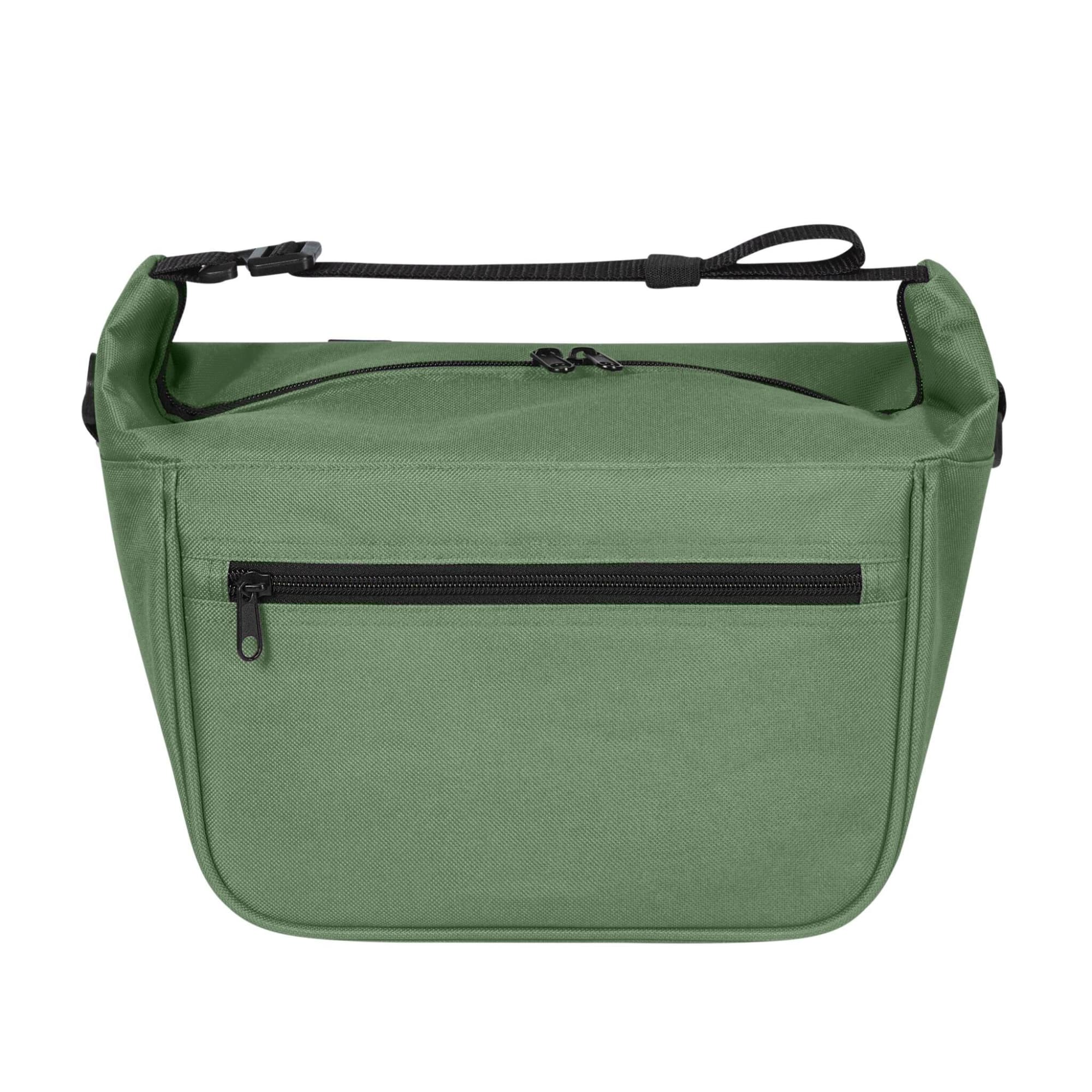 A green lunch bag with a zippered front pocket and a shoulder strap, featuring a plain design and a logo. Softbasket Lunchbag - Image 1