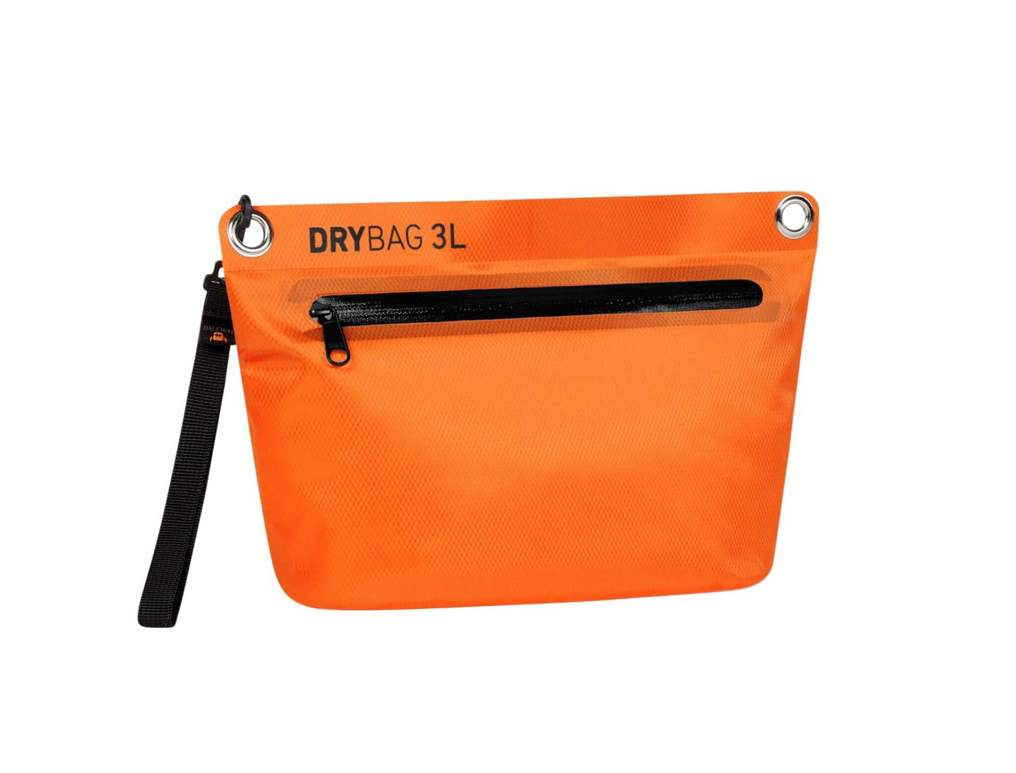 An orange Drybag Zipper Bag with a black zipper pocket and a strap, featuring a logo. Drybag Zipper Bag - Image 1