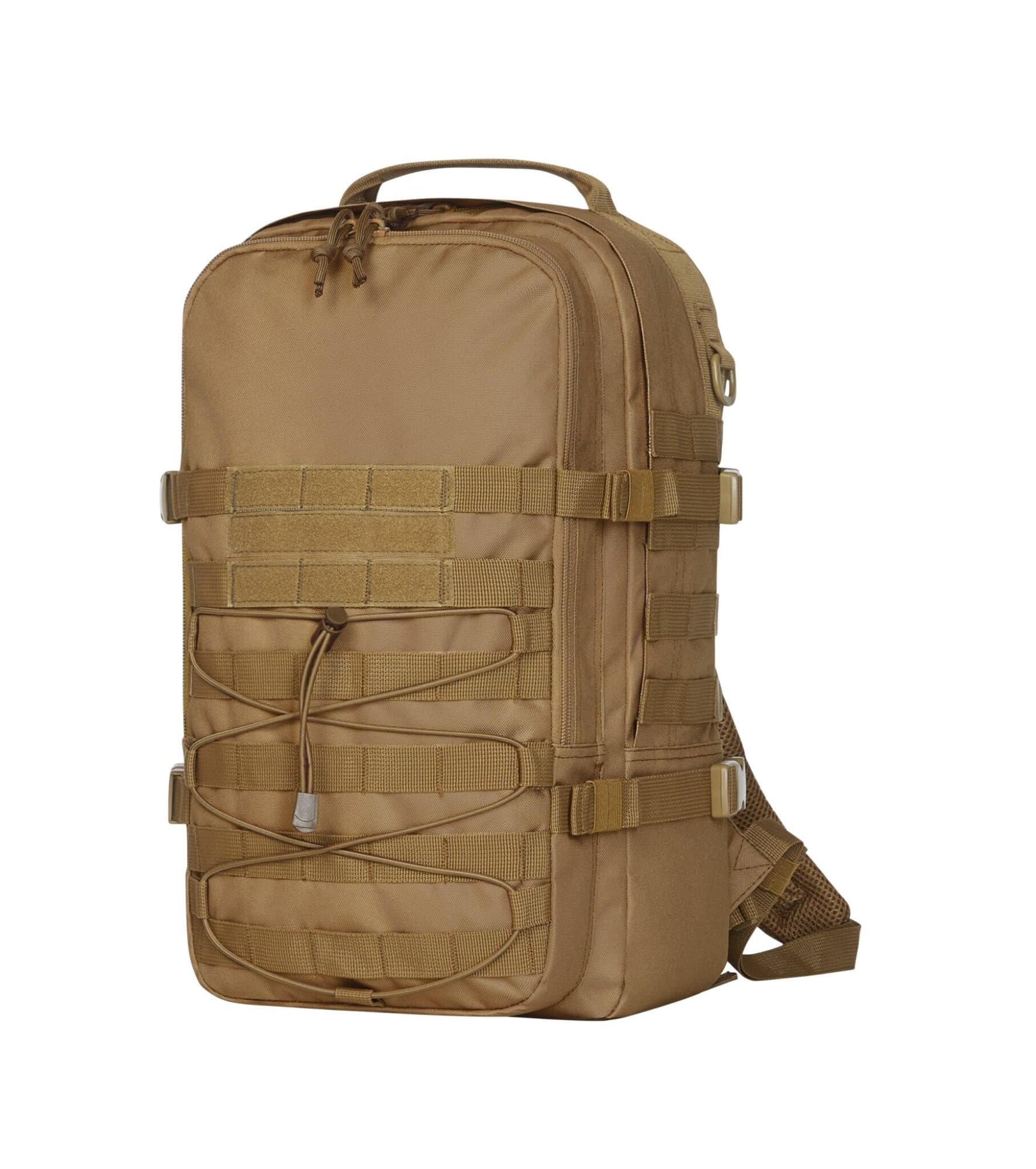 A tan Molle notebook backpack featuring multiple straps and compartments, ideal for carrying laptops and other gear. Molle Notebook Backpack - Image 1